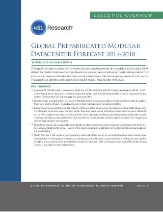 E X E C U T I V E O V E R V I E W
© 2015 451 RESEARCH, LLC AND/OR ITS AFFILIATES. ALL RIGHTS RESERVED.
Global Prefabricated Modular
Datacenter Forecast 2014-2018
ENTERING THE MAINSTREAM
KEY FINDINGS
ƒƒ Aggregate PFM datacenter revenue reached $1bn in 2013 and is projected to nearly quadruple by 2018 – a five-
year CAGR of 30.1%. Based on preliminary data, the global market for PFM datacenter products surpassed $1.5bn
in 2014, and vendors see a strong pipeline going into 2015.
ƒƒ Don’t mistake a small market for a niche: PFM datacenters are gaining adoption in all industries, with all applica-
tion types and in all sizes – including mission-critical enterprise and colocation facilities.
ƒƒ Growth is not evenly distributed:The majority of the growth is still driven by the delivery of a handful of large proj-
ects typically served by major vendors, rather than by a wider group of smaller projects and vendors. Although
many PFM suppliers reported booming interest from operators, marketing and engineering bandwidth as well
as long initial sales cycles will limit the speed with which independent vendors (that are not part of a bigger and
diverse organization) can expand.
ƒƒ Despite skepticism surrounding their practicality, containerized and custom enclosure-based datacenter form fac-
tors keep dominating the scene. However, their lead is eroding as installations of prefabricated building structures
are accelerating.
ƒƒ North America is the single largest region by sales, but EMEA, driven by some Western European markets plus
deployments in emerging economies, is catching up, partly because a good number of ambitious and capable
suppliers are concentrated in someWestern European countries. In the next phase, we expect APAC to take off and
claim a larger share in 2016 and beyond.
This report provides an analysis of the market size and growth potential of the prefabricated modular (PFM)
datacenter market. Our projections are based on a comprehensive bottom-up market-sizing analysis that
incorporates revenue estimates and forecasts for each of more than 50 competing vendors in this sector.
This report also identifies and examines key market trends impacting the PFM space.
JAN 2015
 