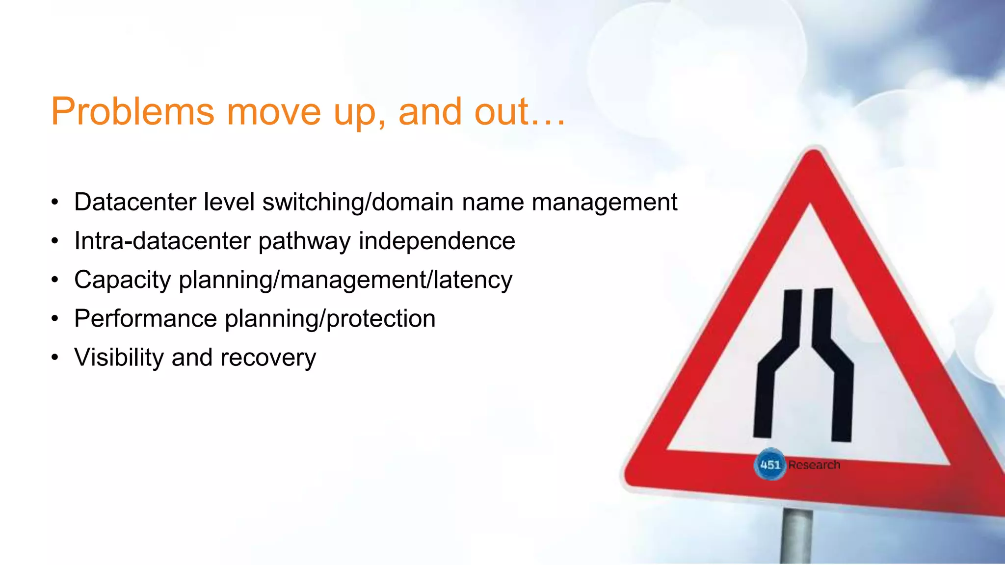 Problems move up, and out…
• Datacenter level switching/domain name management
• Intra-datacenter pathway independence
• Capacity planning/management/latency
• Performance planning/protection
• Visibility and recovery
 