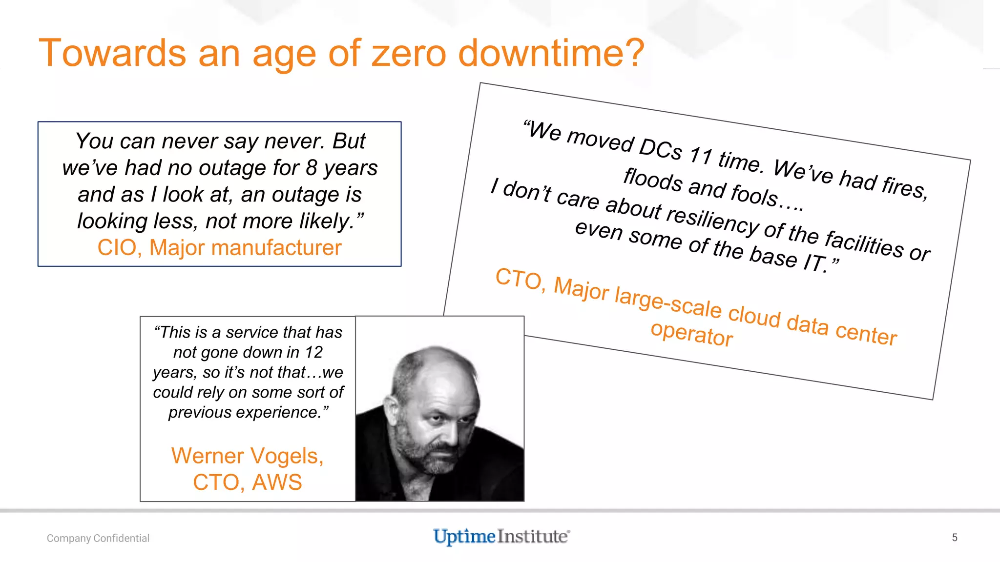 5Company Confidential
Towards an age of zero downtime?
“This is a service that has
not gone down in 12
years, so it’s not that…we
could rely on some sort of
previous experience.”
Werner Vogels,
CTO, AWS
You can never say never. But
we’ve had no outage for 8 years
and as I look at, an outage is
looking less, not more likely.”
CIO, Major manufacturer
 