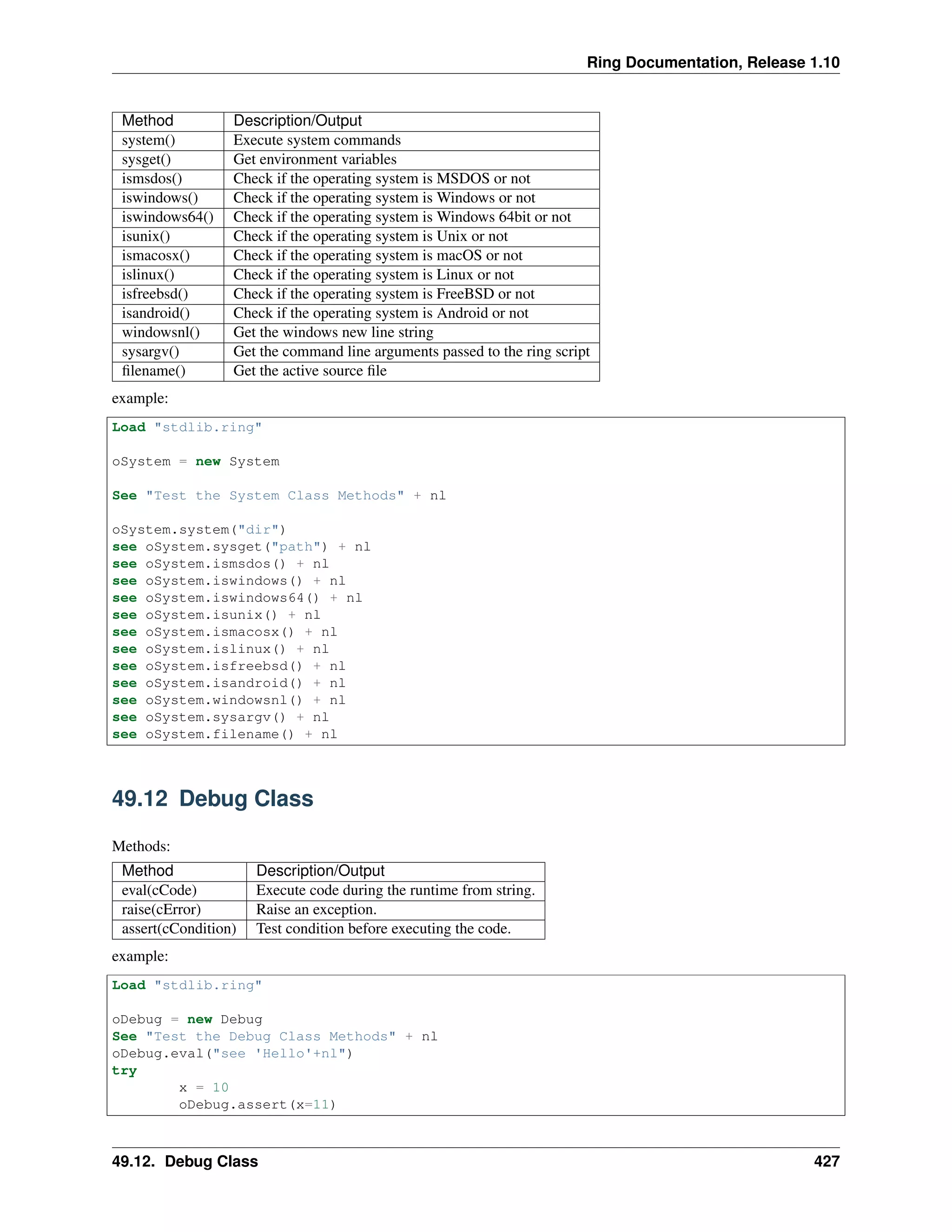 Ring Documentation, Release 1.10
Method Description/Output
system() Execute system commands
sysget() Get environment variables
ismsdos() Check if the operating system is MSDOS or not
iswindows() Check if the operating system is Windows or not
iswindows64() Check if the operating system is Windows 64bit or not
isunix() Check if the operating system is Unix or not
ismacosx() Check if the operating system is macOS or not
islinux() Check if the operating system is Linux or not
isfreebsd() Check if the operating system is FreeBSD or not
isandroid() Check if the operating system is Android or not
windowsnl() Get the windows new line string
sysargv() Get the command line arguments passed to the ring script
ﬁlename() Get the active source ﬁle
example:
Load "stdlib.ring"
oSystem = new System
See "Test the System Class Methods" + nl
oSystem.system("dir")
see oSystem.sysget("path") + nl
see oSystem.ismsdos() + nl
see oSystem.iswindows() + nl
see oSystem.iswindows64() + nl
see oSystem.isunix() + nl
see oSystem.ismacosx() + nl
see oSystem.islinux() + nl
see oSystem.isfreebsd() + nl
see oSystem.isandroid() + nl
see oSystem.windowsnl() + nl
see oSystem.sysargv() + nl
see oSystem.filename() + nl
49.12 Debug Class
Methods:
Method Description/Output
eval(cCode) Execute code during the runtime from string.
raise(cError) Raise an exception.
assert(cCondition) Test condition before executing the code.
example:
Load "stdlib.ring"
oDebug = new Debug
See "Test the Debug Class Methods" + nl
oDebug.eval("see 'Hello'+nl")
try
x = 10
oDebug.assert(x=11)
49.12. Debug Class 427
 