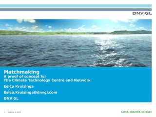 DNV GL © 2015 SAFER, SMARTER, GREENERDNV GL © 2015
Matchmaking
A proof of concept for
The Climate Technology Centre and Network
1
Eelco Kruizinga
Eelco.Kruizinga@dnvgl.com
DNV GL
 