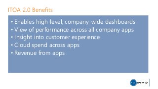 ITOA 2.0 Benefits
• Enables high-level, company-wide dashboards
• View of performance across all company apps
• Insight into customer experience
• Cloud spend across apps
• Revenue from apps
 