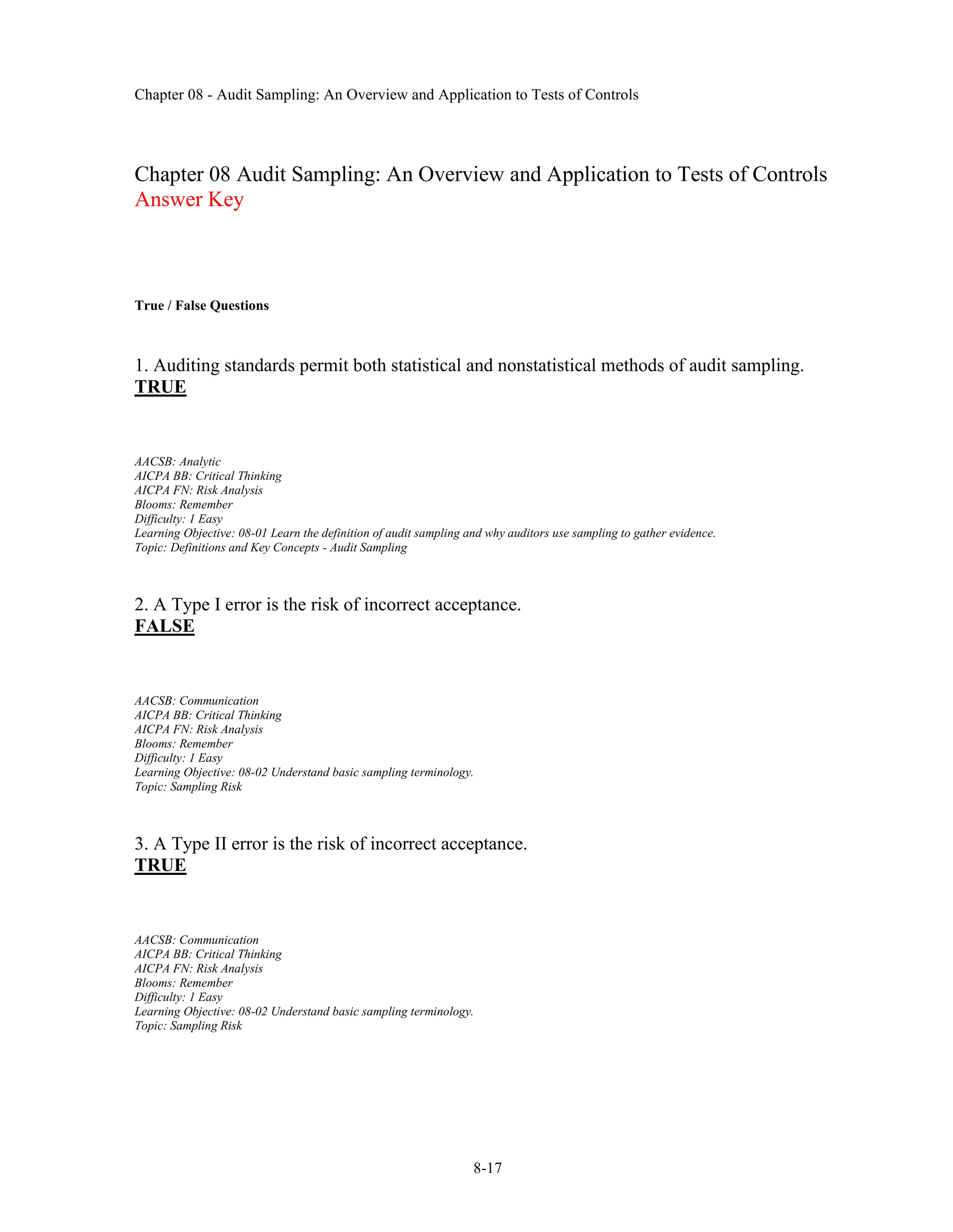 Chapter 08 - Audit Sampling: An Overview and Application to Tests of Controls
8-17
Chapter 08 Audit Sampling: An Overview and Application to Tests of Controls
Answer Key
True / False Questions
1. Auditing standards permit both statistical and nonstatistical methods of audit sampling.
TRUE
AACSB: Analytic
AICPA BB: Critical Thinking
AICPA FN: Risk Analysis
Blooms: Remember
Difficulty: 1 Easy
Learning Objective: 08-01 Learn the definition of audit sampling and why auditors use sampling to gather evidence.
Topic: Definitions and Key Concepts - Audit Sampling
2. A Type I error is the risk of incorrect acceptance.
FALSE
AACSB: Communication
AICPA BB: Critical Thinking
AICPA FN: Risk Analysis
Blooms: Remember
Difficulty: 1 Easy
Learning Objective: 08-02 Understand basic sampling terminology.
Topic: Sampling Risk
3. A Type II error is the risk of incorrect acceptance.
TRUE
AACSB: Communication
AICPA BB: Critical Thinking
AICPA FN: Risk Analysis
Blooms: Remember
Difficulty: 1 Easy
Learning Objective: 08-02 Understand basic sampling terminology.
Topic: Sampling Risk
 