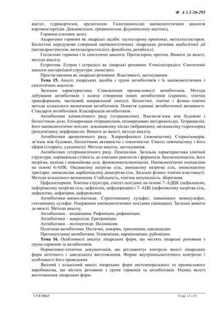Ф А 1.1-26-295
__________________________________________________________________
СУЯ НФаУ Стор. 12 з 15
ацетат, гідрокортизон, преднізолон. Галогенопохідні напівсинтетичних аналогів
кортикостероїдів. Дексаметазон, триамцінолон, флуоцінолону ацетонід.
Гормони статевих залоз.
Андрогенні гормони як лікарські засоби: тестостерону пропіонат, метилтестостерон.
Біологічні передумови створення напівсинтетичних лікарських речовин анаболічної дії
(метандростенолон, метиландростендіол, феноболін, ретаболіл).
Гестагенні гормони і їх синтетичні аналоги. Прогестерон, прегнін. Вимоги до якості,
методи аналізу.
Естрогени. Естрон і естрадіол як лікарські речовини. Етинілестрадіол. Синтетичні
аналоги нестероїдної структури: синестрол.
Простагландини як лікарські речовини. Властивості, застосування.
Тема 15. Аналіз лікарських засобів з групи антибіотиків і їх напівсинтетичних і
синтетичних аналогів.
Загальна характеристика. Становлення промисловості антибіотиків. Методи
добування антибіотиків і шляхи створення нових антибіотиків (скринінг, хімічна
трансформація, частковий направлений синтез). Біологічні, хімічні і фізико–хімічні
методи кількісного визначення антибіотиків. Поняття одиниці антибіотичної активності.
Стандарти антибіотиків. Класифікація антибіотиків.
Антибіотики аліциклічного ряду (тетрацикліни). Взаємозв’язок між будовою і
біологічною дією. Епімеризація тетрациклінів, епімеризовані ангідропохідні. Тетрациклін;
його напівсинтетичні похідні: доксицикліну хіклат (вібраміцин), метацикліну гідрохлорид
(рондоміцин), морфоциклін. Вимоги до якості, методи аналізу.
Антибіотики ароматичного ряду. Хлорамфенікол (левоміцетин). Стереоізомерія,
зв’язок між будовою, біологічною активністю і токсичністю. Синтез левоміцетину і його
ефірів (стеарату, сукцинату). Методи аналізу, застосування.
Антибіотики гетероциклічного ряду. Пеніциліни. Загальна характеристика хімічної
структури, порівняльна стійкість до хімічних реагентів і ферментів. Бензилпеніцилін, його
натрієва, калієва і новокаїнова солі, феноксиметилпеніцилін. Напівсинтетичні пеніциліни
на основі 6-АПК. Оксациліну натрієва сіль, ампіциліну натрієва сіль, амоксициліну
тригідрат, амоксиклав, карбеніциліну динатрієва сіль. Загальні фізико–хімічні властивості.
Методи кількісного визначення. Стабільність, хімічна несумісність, зберігання.
Цефалоспорини. Хімічна структура, синтез похідних на основі 7–АДЦК (цефалексин,
цефтріаксону натрієва сіль, цефазолін, цефалоридин) і 7–АЦК (цефотаксиму натрієва сіль,
цефалотин, цефапірин, цефуроксим).
Антибіотики–аміноглікозиди. Стрептоміцину сульфат, канаміцину моносульфат,
гентаміцину сульфат. Одержання напівсинтетичних похідних (амікацин). Загальні вимоги
до якості. Методи аналізу.
Антибіотики – анзаміцини. Рифаміцин, рифампіцин.
Антибіотики – макроліди. Еритроміцин.
Антибіотики – поліпептиди. Поліміксин.
Полієнові антибіотики. Ністатин, леворин, трихоміцин, кандицидин.
Протипухлинні антибіотики. Олівоміцин, карміноміцин, рубоміцин.
Тема 16. Особливості аналізу лікарських форм, що містять лікарські речовини з
групи гормонів та антибіотиків.
Нормативно-технічна документація, що регламентує контроль якості лікарських
форм аптечного і заводського виготовлення. Форми внутрішньоаптечного контролю і
особливості його проведення.
Якісний і кількісний аналіз лікарських форм екстемпорального та промислового
виробництва, що містять речовини з групи гормонів та антибіотиків. Оцінка якості
виготовлення лікарських форм.
 
