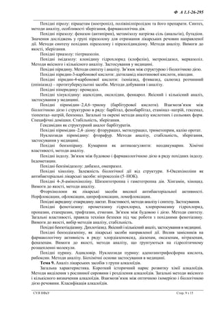 Ф А 1.1-26-295
__________________________________________________________________
СУЯ НФаУ Стор. 9 з 15
Похідні піролу: пірацетам (ноотропіл), полівінілпіролідон та його препарати. Синтез,
методи аналізу, особливості зберігання, фармакологічна дія.
Похідні піразолу: феназон (антипірин), метамізолу натрієва сіль (анальгін), бутадіон.
Значення досліджень у групі піразолону для отримання лікарських речовин направленої
дії. Методи синтезу похідних піразолону і піразолідиндіону. Методи аналізу. Вимоги до
якості, зберігання.
Похідні триазолу: тіотриазолін.
Похідні імідазолу: клонідину гідрохлорид (клофелін), метронідазол, мерказоліл.
Методи якісного і кількісного аналізу. Застосування у медицині.
Похідні піридину. Методи синтезу і аналізу. Зв’язок між структурою і біологічною дією.
Похідні піридин-3-карбонової кислоти: діетиламід нікотинової кислоти, нікодин.
Похідні піридин-4-карбонової кислоти: ізоніазид, фтивазид, салюзид розчинний
(опініазид) – протитуберкульозні засоби. Методи добування і аналізу.
Похідні піперидину: промедол.
Похідні хінуклідину: ацеклідин, оксилідин, фенкарол. Якісний і кількісний аналіз,
застосування у медицині.
Похідні піримідин–2,4,6–триону (барбітурової кислоти). Взаємозв’язок між
біологічною дією і структурою в ряду: барбітал, фенобарбітал, етамінал–натрій, гексенал,
тіопентал–натрій, бензонал. Загальні та окремі методи аналізу кислотних і сольових форм.
Специфічні домішки. Стабільність, зберігання.
Гексамідин як структурний аналог барбітуратів.
Похідні піримідин–2,4–діону: фторурацил, метилурацил, триметоприм, калію оротат.
Нуклеозиди піримідину: фторафур. Методи аналізу, стабільність, зберігання,
застосування у медицині.
Похідні бензопірану. Кумарини як антикоагулянти: неодикумарин. Хімічні
властивості, методи аналізу.
Похідні індолу. Звязок між будовою і фармакологічною дією в ряду похідних індолу.
Індометацин.
Похідні бензімідазолу: дибазол, омепразол.
Похідні хіноліну. Залежність біологічної дії від структури. 8-Оксихіноліни як
антибактеріальні лікарські засоби: нітроксолін (5–НОК).
Похідні 4-,8-амінохіноліну. Шизонтотропна і гаметотропна дія. Хінгамін, хіноцид.
Вимоги до якості, методи аналізу.
Фторхінолони як лікарські засоби високої антибактеріальної активності.
Норфлоксацин, офлоксацин, ципрофлоксацин, ломефлоксацин.
Похідні акридину: етакридину лактат. Властивості, методи аналізу і синтезу. Застосування.
Похідні фенотіазину: прометазину гідрохлорид, хлорпромазину гідрохлорид,
пропазин, етаперазин, трифтазин, етмозин. Звязок між будовою і дією. Методи синтезу.
Загальні властивості, правила техніки безпеки під час роботи з похідними фенотіазину.
Вимоги до якості, вибір методів аналізу, стабільність.
Похідні бензотіадіазину. Дихлотіазид. Якісний і кількісний аналіз, застосування в медицині.
Похідні бензодіазепіну, як лікарські засоби направленої дії. Вплив замісників на
фармакологічну активність в ряду: хлордіазепоксид, діазепам, оксазепам, нітразепам,
феназепам. Вимоги до якості, методи аналізу, що ґрунтуються на гідролітичному
розщепленні молекули.
Похідні пурину. Ацикловір. Нуклеозиди пурину: аденозинтрифосфорна кислота,
рибоксин. Методи аналізу. Біохімічні основи застосування в медицині.
Тема 9. Аналіз лікарських засобів з групи алкалоїдів.
Загальна характеристика. Короткий історичний нарис розвитку хімії алкалоїдів.
Методи виділення з рослинної сировини і розділення алкалоїдів. Загальні методи якісного
і кількісного визначення алкалоїдів. Взаємозв’язок між оптичною ізомерією і біологічною
дією речовини. Класифікація алкалоїдів.
 
