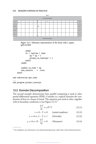 210 MODERN FORTRAN IN PRACTICE
Beam
T=1 T=1
T=1 T=1
T=1 T=1
T=1 T=1
No heat exchange
No heat exchange
L
W
Figure 12.1. Schematic representation of the beam with a square
grid overlaid
enddo
if ( isprime ) then
np = np + 1
primes_in_task(np) = i
endif
enddo
number_in_task = np
new_results = .true.
endif
end subroutine get_task
...
end program primes_coarrays
12.2 Domain Decomposition
The second example demonstrates how parallel computing is used to solve
partial differential equations (PDE). Consider as a typical situation the con-
duction of heat in a beam of metal. The equation you need to solve, together
with its boundary conditions is (see Figure 12.1):3
∂T
∂t
= a∇2
T (12.1)
t = 0 : T = 0 (initial condition) (12.2)
x = 0 or L : T = 1 (Dirichlet) (12.3)
y = 0 or B :
∂T
∂y
= 0 (Neumann) (12.4)
3 For simplicity, you will assume a two-dimensional geometry, rather than a three-dimensional one.
 