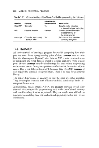 220 MODERN FORTRAN IN PRACTICE
Table 12.1. Characteristics of the Three Parallel Programming Techniques
Incremental
Method Support Development Main Issue
OpenMP Compiler Yes Easy to make mistakes
in shared/private variables
MPI External libraries Limited Communication of data
is responsibility of
the programmer
coarrays Compiler supporting Yes Synchronization must be
Fortran 2008 carefully designed
12.4 Overview
All three methods of creating a program for parallel computing have their
pros and cons. From a programming point of view, coarrays seem to com-
bine the advantages of OpenMP with those of MPI – data communication
is transparent and what data are shared is defined explicitly. From a usage
point of view, coarrays have the disadvantage that they require a supporting
environment to start the separate processes and to control the number of pro-
cesses. This is not different from MPI, however. Like OpenMP, coarrays of
only require the compiler to support them. There is no need for an external
library.
The major disadvantage of coarrays is that the rules are rather complex.
They are complex to ensure both efficiency and data consistency. Table 12.1
compares the methods.
As mentioned, besides OpenMP, MPI, and coarrays there are several other
methods to exploit parallel programming, such as the use of shared memory
and multithreading libraries as pthreads. They are much more difficult to
use, however, and they have not reached much popularity within the Fortran
community.
 