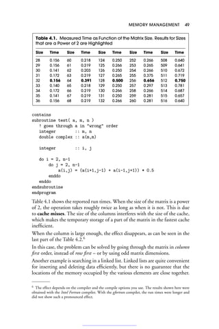 MEMORY MANAGEMENT 49
Table 4.1. Measured Time as Function of the Matrix Size. Results for Sizes
that are a Power of 2 are Highlighted
Size Time Size Time Size Time Size Time Size Time
28 0.156 60 0.218 124 0.250 252 0.266 508 0.640
29 0.156 61 0.219 125 0.266 253 0.265 509 0.641
30 0.141 62 0.203 126 0.250 254 0.266 510 0.672
31 0.172 63 0.219 127 0.265 255 0.375 511 0.719
32 0.156 64 0.391 128 0.500 256 0.656 512 0.750
33 0.140 65 0.218 129 0.250 257 0.297 513 0.781
34 0.172 66 0.219 130 0.266 258 0.266 514 0.687
35 0.141 67 0.219 131 0.250 259 0.281 515 0.657
36 0.156 68 0.219 132 0.266 260 0.281 516 0.640
contains
subroutine test( a, m, n )
! goes through a in wrong order
integer :: m, n
double complex :: a(m,m)
integer :: i, j
do i = 2, n-1
do j = 2, n-1
a(i,j) = (a(i+1,j-1) + a(i-1,j+1)) * 0.5
enddo
enddo
endsubroutine
endprogram
Table 4.1 shows the reported run times. When the size of the matrix is a power
of 2, the operation takes roughly twice as long as when it is not. This is due
to cache misses. The size of the columns interferes with the size of the cache,
which makes the temporary storage of a part of the matrix in the fastest cache
inefficient.
When the column is large enough, the effect disappears, as can be seen in the
last part of the Table 4.2.6
In this case, the problem can be solved by going through the matrix in column
first order, instead of row first – or by using odd matrix dimensions.
Another example is searching in a linked list. Linked lists are quite convenient
for inserting and deleting data efficiently, but there is no guarantee that the
locations of the memory occupied by the various elements are close together.
6 The effect depends on the compiler and the compile options you use. The results shown here were
obtained with the Intel Fortran compiler. With the gfortran compiler, the run times were longer and
did not show such a pronounced effect.
 