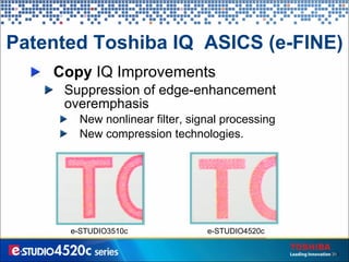 Patented Toshiba IQ  ASICS (e-FINE) Copy  IQ Improvements Suppression of edge-enhancement overemphasis New nonlinear filter, signal processing  New compression technologies.  e-STUDIO3510c e-STUDIO4520c 