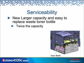 Serviceability New Larger capacity and easy to replace waste toner bottle Twice the capacity Toner Bottle 