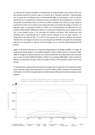 La industria del mango orientada a la exportación se ha desarrollado en los últimos años con
dos grandes eventos. En primer lugar, la creación de la "Bandeja Cosechera", implementada
con el apoyo de la Fundación para el Desarrollo del Agro, lo que ayudó a crear un avance
significativo en la calidad de las materias primas y la reducción de las pérdidas en el volumen
cosechado. Esta bandeja reduce al mínimo los daños causados a los cultivos, ya que impide el
contacto de la fruta con el suelo, lo que podría dar lugar a la invasión de hongos e insectos. En
segundo lugar, el protocolo firmado en 1992 con el Departamento de Agricultura de los
Estados Unidos (USDA / APHIS) para aplicar un tratamiento hidrotérmico para mangos de Perú
con lo que pueden entrar a los mercados de América del Norte. Este tratamiento está
diseñado para la desinfección de la materia prima mediante el uso de agua caliente a la
temperatura más baja de 46,1 º C a 47,8 º C por espacio de 5 minutos. Después del proceso
hidrotérmico, los mangos se marcan con una etiqueta que identifica a la planta de tratamiento
antes de ser envasados en cajas de cartón corrugado, con un peso de aproximadamente 650
gramos.
Según la Asociación Peruana de Productores/Exportadores de Mango (APEM), el mango de
exportación puede llegara a las 40.000 toneladas métricas (TM) durante la campaña 2008-
2009. El mango es el quinto producto con mejores beneficios en la exportación para este país
con un valor de US$ 25,690,378 (FOB) en 2008. En la campaña 2008-2009, el Perú exportó el
60% de su producción a Europa, 36% a los Estados Unidos y el 4% restante a países como Chile
yChina.
El mercado de las exportaciones peruanas de mango está en expansión y las empresas locales
como Sunshine Export SAC (exportación 9.155.357 dólares FOB), Camposol SA (exportación
4.071.922) y FLP del Perú (exportación 2.672.645 dólares FOB) están tomando ventaja de este
proceso.
 