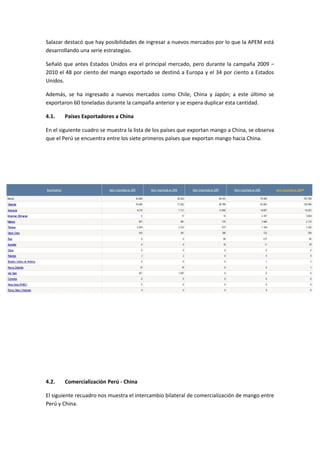 Salazar destacó que hay posibilidades de ingresar a nuevos mercados por lo que la APEM está
desarrollando una serie estrategias.
Señaló que antes Estados Unidos era el principal mercado, pero durante la campaña 2009 –
2010 el 48 por ciento del mango exportado se destinó a Europa y el 34 por ciento a Estados
Unidos.
Además, se ha ingresado a nuevos mercados como Chile, China y Japón; a este último se
exportaron 60 toneladas durante la campaña anterior y se espera duplicar esta cantidad.
4.1. Países Exportadores a China
En el siguiente cuadro se muestra la lista de los países que exportan mango a China, se observa
que el Perú se encuentra entre los siete primeros países que exportan mango hacia China.
4.2. Comercialización Perú - China
El siguiente recuadro nos muestra el intercambio bilateral de comercialización de mango entre
Perú y China.
 