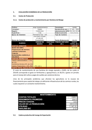 5. EVALUACIÓN ECONÓMICA DE LA PRODUCCIÓN
5.1. Costos de Producción
5.1.1. Costos de producción y mantenimiento por Hectárea de Mango
El costo de mantenimiento de una hectárea de mango equivale a $1691, de los cuales el
$54,4% corresponde al gasto en fertilizantes y agroquímicos y el 28,1% a gastos en jornales
para el manejo del cultivo y pagos de sueldos por asistencia técnica.
Unos de los principales problemas que afrontan los agricultores es la escasez de
financiamiento para capital de trabajo y la deficiente infraestructura de los caminos rurales, los
cuales requieren un constante mantenimiento.
5.2. Cadena productiva del mango de Exportación
 