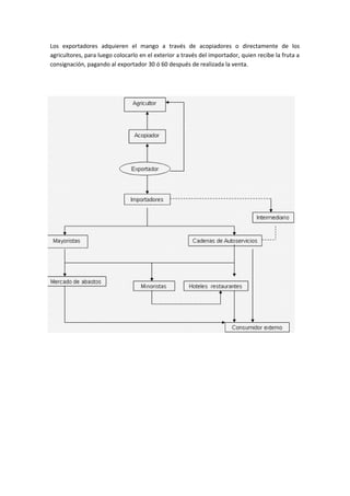 Los exportadores adquieren el mango a través de acopiadores o directamente de los
agricultores, para luego colocarlo en el exterior a través del importador, quien recibe la fruta a
consignación, pagando al exportador 30 ó 60 después de realizada la venta.
 