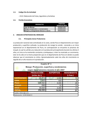 1.3. Codigo Ciiu De Actividad
- 1513: Elaboración de frutas, legumbres y hortalizas
1.4. Partida Arancelaria
2. ANALISIS ESTRATEGICO DEL MERCADO
2.1. Principales Zonas Productoras
La producción nacional está centralizada en la costa, siendo Piura el departamento con mayor
producción y superficie cultivada. La producción de mango ha venido creciendo a un ritmo
exponencial en el departamento de Piura, en contraposición se encuentra la provincia de
Ucayali, la cual ha sufrido una reducción en la producción principalmente durante los últimos 5
años, en Lima se ha mantenido constante y Lambayeque, si bien ha mostrado un crecimiento,
este no ha sido en la misma proporción que en el departamento de Piura en donde se puede
observar que el crecimiento es cíclico. Aproximadamente cada tres años de crecimiento es
seguido de un año recesivo en la producción.
 