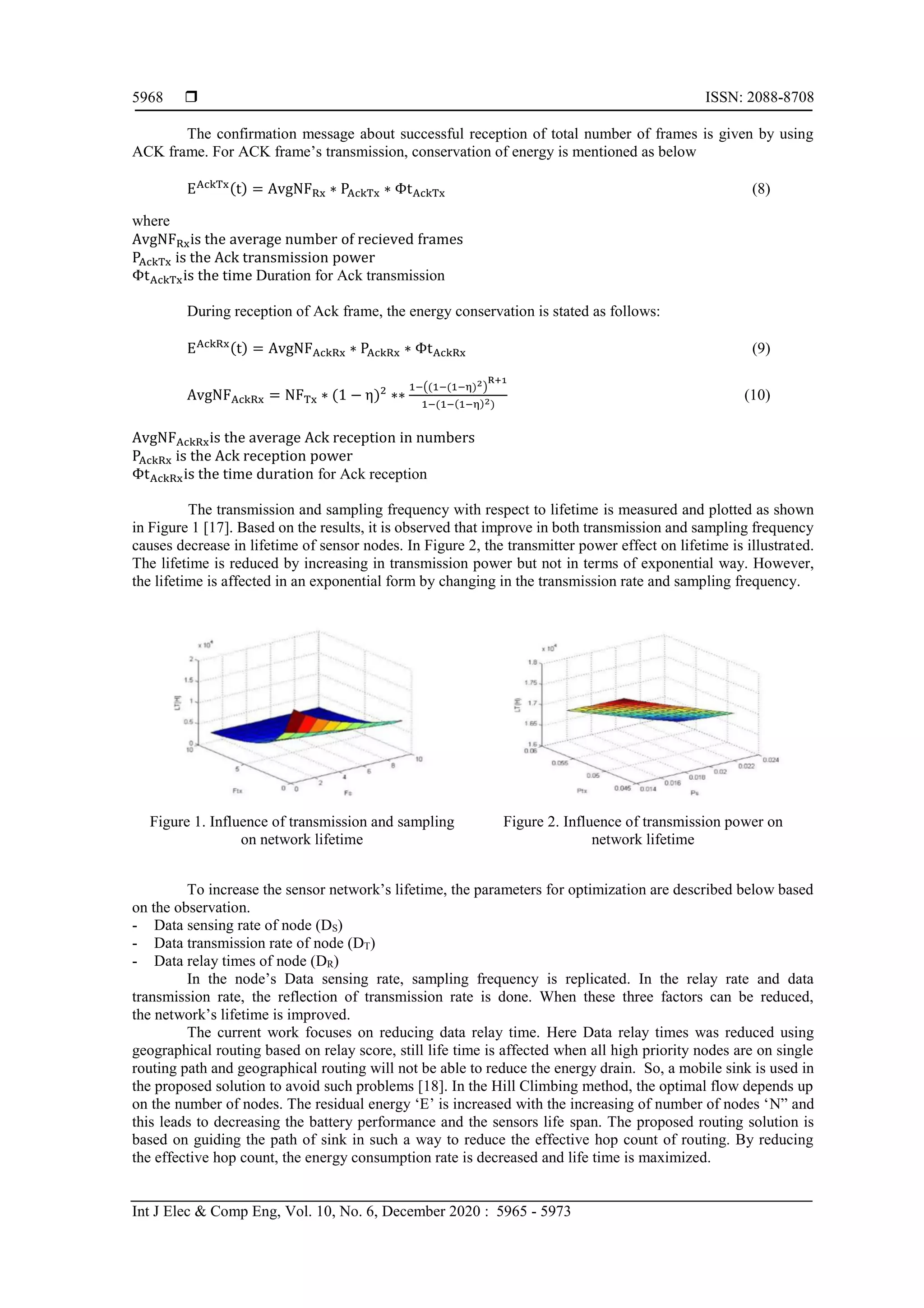  ISSN: 2088-8708
Int J Elec & Comp Eng, Vol. 10, No. 6, December 2020 : 5965 - 5973
5968
The confirmation message about successful reception of total number of frames is given by using
ACK frame. For ACK frame’s transmission, conservation of energy is mentioned as below
EAckTx(t) = AvgNFRx ∗ PAckTx ∗ ΦtAckTx (8)
where
AvgNFRxis the average number of recieved frames
PAckTx is the Ack transmission power
ΦtAckTxis the time Duration for Ack transmission
During reception of Ack frame, the energy conservation is stated as follows:
EAckRx(t) = AvgNFAckRx ∗ PAckRx ∗ ΦtAckRx (9)
AvgNFAckRx = NFTx ∗ (1 − η)2
∗∗
1−((1−(1−η)2)
R+1
1−(1−(1−η)2)
(10)
AvgNFAckRxis the average Ack reception in numbers
PAckRx is the Ack reception power
ΦtAckRxis the time duration for Ack reception
The transmission and sampling frequency with respect to lifetime is measured and plotted as shown
in Figure 1 [17]. Based on the results, it is observed that improve in both transmission and sampling frequency
causes decrease in lifetime of sensor nodes. In Figure 2, the transmitter power effect on lifetime is illustrated.
The lifetime is reduced by increasing in transmission power but not in terms of exponential way. However,
the lifetime is affected in an exponential form by changing in the transmission rate and sampling frequency.
Figure 1. Influence of transmission and sampling
on network lifetime
Figure 2. Influence of transmission power on
network lifetime
To increase the sensor network’s lifetime, the parameters for optimization are described below based
on the observation.
- Data sensing rate of node (DS)
- Data transmission rate of node (DT)
- Data relay times of node (DR)
In the node’s Data sensing rate, sampling frequency is replicated. In the relay rate and data
transmission rate, the reflection of transmission rate is done. When these three factors can be reduced,
the network’s lifetime is improved.
The current work focuses on reducing data relay time. Here Data relay times was reduced using
geographical routing based on relay score, still life time is affected when all high priority nodes are on single
routing path and geographical routing will not be able to reduce the energy drain. So, a mobile sink is used in
the proposed solution to avoid such problems [18]. In the Hill Climbing method, the optimal flow depends up
on the number of nodes. The residual energy ‘E’ is increased with the increasing of number of nodes ‘N” and
this leads to decreasing the battery performance and the sensors life span. The proposed routing solution is
based on guiding the path of sink in such a way to reduce the effective hop count of routing. By reducing
the effective hop count, the energy consumption rate is decreased and life time is maximized.
 