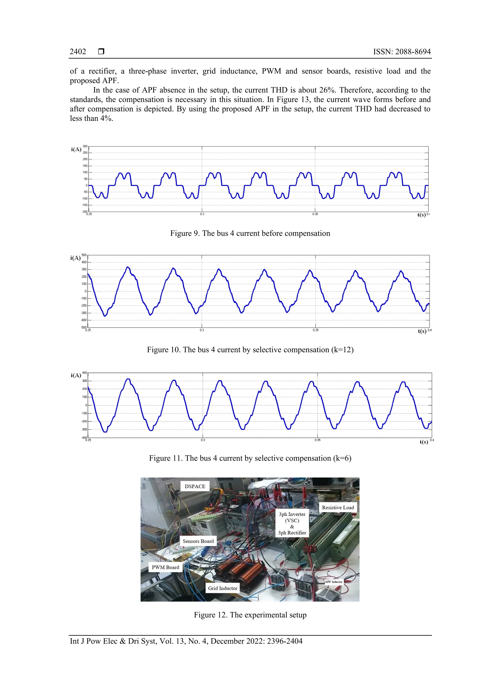  ISSN: 2088-8694
Int J Pow Elec & Dri Syst, Vol. 13, No. 4, December 2022: 2396-2404
2402
of a rectifier, a three-phase inverter, grid inductance, PWM and sensor boards, resistive load and the
proposed APF.
In the case of APF absence in the setup, the current THD is about 26%. Therefore, according to the
standards, the compensation is necessary in this situation. In Figure 13, the current wave forms before and
after compensation is depicted. By using the proposed APF in the setup, the current THD had decreased to
less than 4%.
Figure 9. The bus 4 current before compensation
Figure 10. The bus 4 current by selective compensation (k=12)
Figure 11. The bus 4 current by selective compensation (k=6)
Figure 12. The experimental setup
 