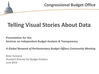Congressional Budget Office
Telling Visual Stories About Data
Presentation for the:
Seminar on Independent Budget Analysis & Transparency
A Global Network of Parliamentary Budget Offices Community Meeting
Peter Fontaine
Assistant Director for Budget Analysis
June 2014
 