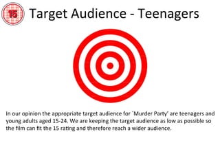 Target	
  Audience	
  -­‐	
  Teenagers	
  




In	
  our	
  opinion	
  the	
  appropriate	
  target	
  audience	
  for	
  `Murder	
  Party’	
  are	
  teenagers	
  and	
  
young	
  adults	
  aged	
  15-­‐24.	
  We	
  are	
  keeping	
  the	
  target	
  audience	
  as	
  low	
  as	
  possible	
  so	
  
the	
  ﬁlm	
  can	
  ﬁt	
  the	
  15	
  raFng	
  and	
  therefore	
  reach	
  a	
  wider	
  audience.	
  	
  
 
