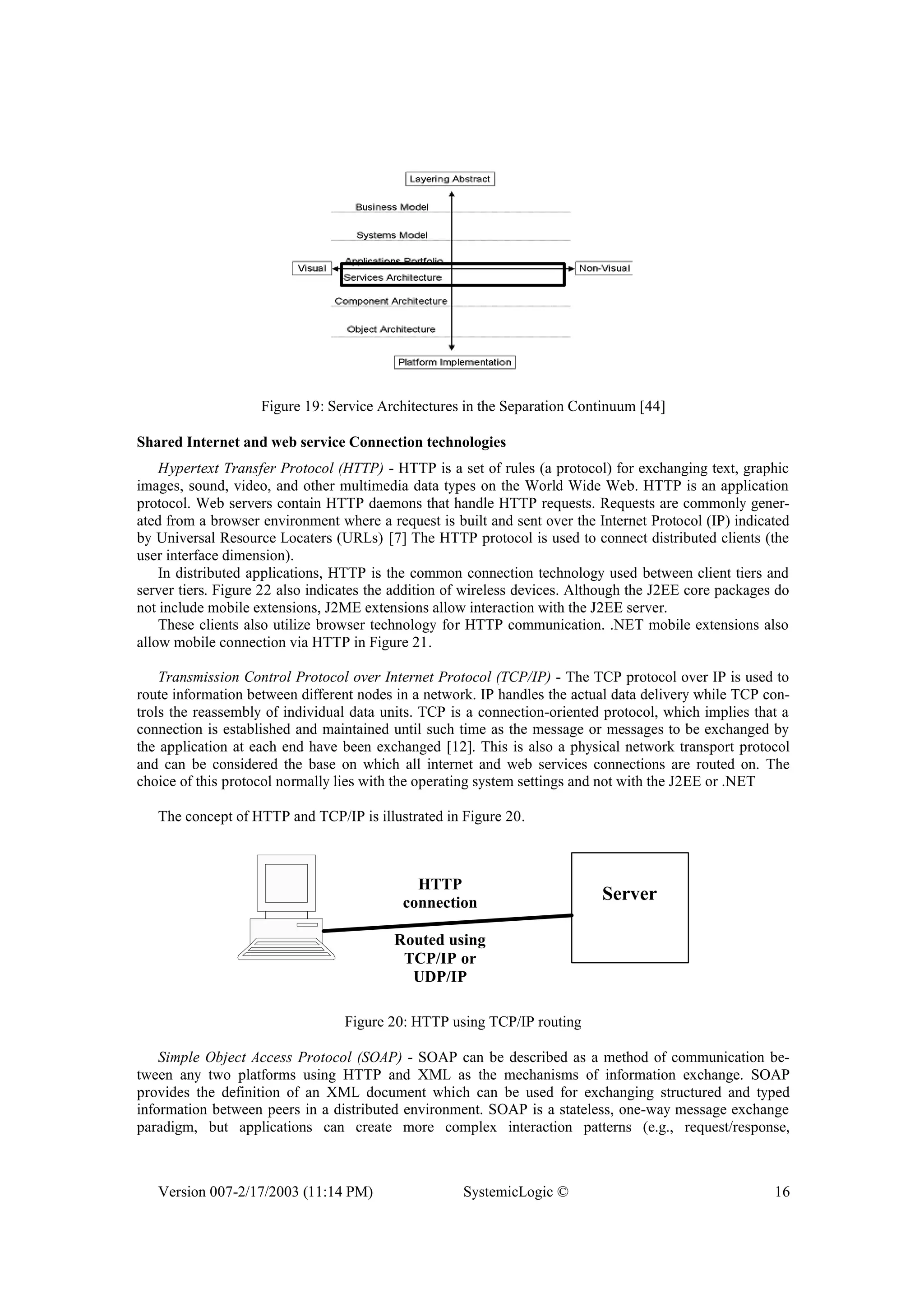 Version 007-2/17/2003 (11:14 PM) SystemicLogic © 16
Figure 19: Service Architectures in the Separation Continuum [44]
Shared Internet and web service Connection technologies
Hypertext Transfer Protocol (HTTP) - HTTP is a set of rules (a protocol) for exchanging text, graphic
images, sound, video, and other multimedia data types on the World Wide Web. HTTP is an application
protocol. Web servers contain HTTP daemons that handle HTTP requests. Requests are commonly gener-
ated from a browser environment where a request is built and sent over the Internet Protocol (IP) indicated
by Universal Resource Locaters (URLs) [7] The HTTP protocol is used to connect distributed clients (the
user interface dimension).
In distributed applications, HTTP is the common connection technology used between client tiers and
server tiers. Figure 22 also indicates the addition of wireless devices. Although the J2EE core packages do
not include mobile extensions, J2ME extensions allow interaction with the J2EE server.
These clients also utilize browser technology for HTTP communication. .NET mobile extensions also
allow mobile connection via HTTP in Figure 21.
Transmission Control Protocol over Internet Protocol (TCP/IP) - The TCP protocol over IP is used to
route information between different nodes in a network. IP handles the actual data delivery while TCP con-
trols the reassembly of individual data units. TCP is a connection-oriented protocol, which implies that a
connection is established and maintained until such time as the message or messages to be exchanged by
the application at each end have been exchanged [12]. This is also a physical network transport protocol
and can be considered the base on which all internet and web services connections are routed on. The
choice of this protocol normally lies with the operating system settings and not with the J2EE or .NET
The concept of HTTP and TCP/IP is illustrated in Figure 20.
Server
HTTP
connection
Routed using
TCP/IP or
UDP/IP
Figure 20: HTTP using TCP/IP routing
Simple Object Access Protocol (SOAP) - SOAP can be described as a method of communication be-
tween any two platforms using HTTP and XML as the mechanisms of information exchange. SOAP
provides the definition of an XML document which can be used for exchanging structured and typed
information between peers in a distributed environment. SOAP is a stateless, one-way message exchange
paradigm, but applications can create more complex interaction patterns (e.g., request/response,
 