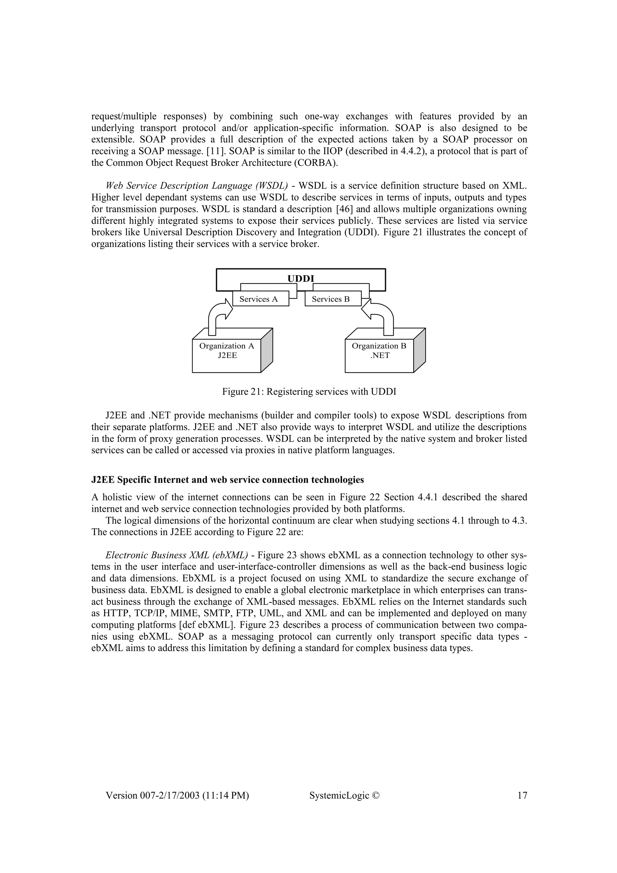Version 007-2/17/2003 (11:14 PM) SystemicLogic © 17
request/multiple responses) by combining such one-way exchanges with features provided by an
underlying transport protocol and/or application-specific information. SOAP is also designed to be
extensible. SOAP provides a full description of the expected actions taken by a SOAP processor on
receiving a SOAP message. [11]. SOAP is similar to the IIOP (described in 4.4.2), a protocol that is part of
the Common Object Request Broker Architecture (CORBA).
Web Service Description Language (WSDL) - WSDL is a service definition structure based on XML.
Higher level dependant systems can use WSDL to describe services in terms of inputs, outputs and types
for transmission purposes. WSDL is standard a description [46] and allows multiple organizations owning
different highly integrated systems to expose their services publicly. These services are listed via service
brokers like Universal Description Discovery and Integration (UDDI). Figure 21 illustrates the concept of
organizations listing their services with a service broker.
Organization A
J2EE
UDDI
Organization B
.NET
Services A Services B
Figure 21: Registering services with UDDI
J2EE and .NET provide mechanisms (builder and compiler tools) to expose WSDL descriptions from
their separate platforms. J2EE and .NET also provide ways to interpret WSDL and utilize the descriptions
in the form of proxy generation processes. WSDL can be interpreted by the native system and broker listed
services can be called or accessed via proxies in native platform languages.
J2EE Specific Internet and web service connection technologies
A holistic view of the internet connections can be seen in Figure 22 Section 4.4.1 described the shared
internet and web service connection technologies provided by both platforms.
The logical dimensions of the horizontal continuum are clear when studying sections 4.1 through to 4.3.
The connections in J2EE according to Figure 22 are:
Electronic Business XML (ebXML) - Figure 23 shows ebXML as a connection technology to other sys-
tems in the user interface and user-interface-controller dimensions as well as the back-end business logic
and data dimensions. EbXML is a project focused on using XML to standardize the secure exchange of
business data. EbXML is designed to enable a global electronic marketplace in which enterprises can trans-
act business through the exchange of XML-based messages. EbXML relies on the Internet standards such
as HTTP, TCP/IP, MIME, SMTP, FTP, UML, and XML and can be implemented and deployed on many
computing platforms [def ebXML]. Figure 23 describes a process of communication between two compa-
nies using ebXML. SOAP as a messaging protocol can currently only transport specific data types -
ebXML aims to address this limitation by defining a standard for complex business data types.
 