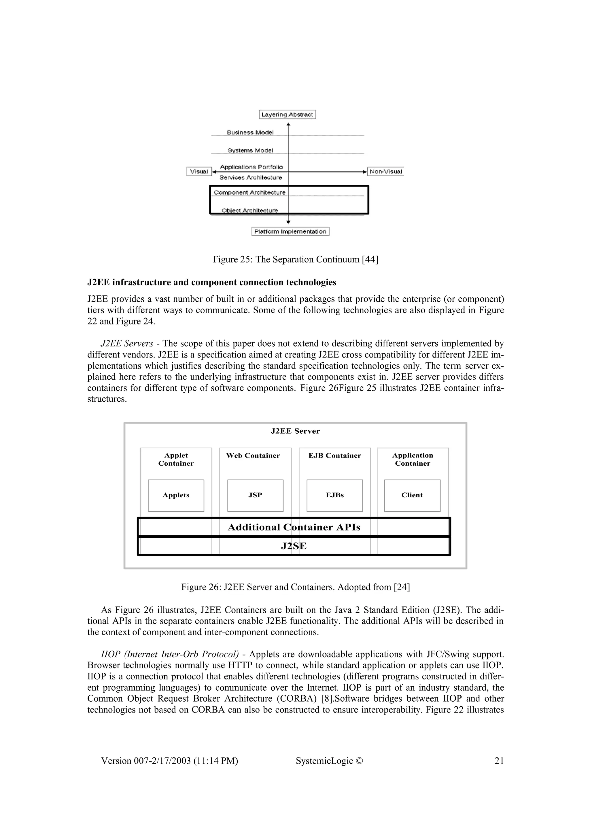 Version 007-2/17/2003 (11:14 PM) SystemicLogic © 21
Figure 25: The Separation Continuum [44]
J2EE infrastructure and component connection technologies
J2EE provides a vast number of built in or additional packages that provide the enterprise (or component)
tiers with different ways to communicate. Some of the following technologies are also displayed in Figure
22 and Figure 24.
J2EE Servers - The scope of this paper does not extend to describing different servers implemented by
different vendors. J2EE is a specification aimed at creating J2EE cross compatibility for different J2EE im-
plementations which justifies describing the standard specification technologies only. The term server ex-
plained here refers to the underlying infrastructure that components exist in. J2EE server provides differs
containers for different type of software components. Figure 26Figure 25 illustrates J2EE container infra-
structures.
J2EE Server
Web Container EJB ContainerApplet
Container
Application
Container
Applets EJBs
Application
Client
Servlets,
JSP
Additional Container APIs
J2SE
Figure 26: J2EE Server and Containers. Adopted from [24]
As Figure 26 illustrates, J2EE Containers are built on the Java 2 Standard Edition (J2SE). The addi-
tional APIs in the separate containers enable J2EE functionality. The additional APIs will be described in
the context of component and inter-component connections.
IIOP (Internet Inter-Orb Protocol) - Applets are downloadable applications with JFC/Swing support.
Browser technologies normally use HTTP to connect, while standard application or applets can use IIOP.
IIOP is a connection protocol that enables different technologies (different programs constructed in differ-
ent programming languages) to communicate over the Internet. IIOP is part of an industry standard, the
Common Object Request Broker Architecture (CORBA) [8].Software bridges between IIOP and other
technologies not based on CORBA can also be constructed to ensure interoperability. Figure 22 illustrates
 