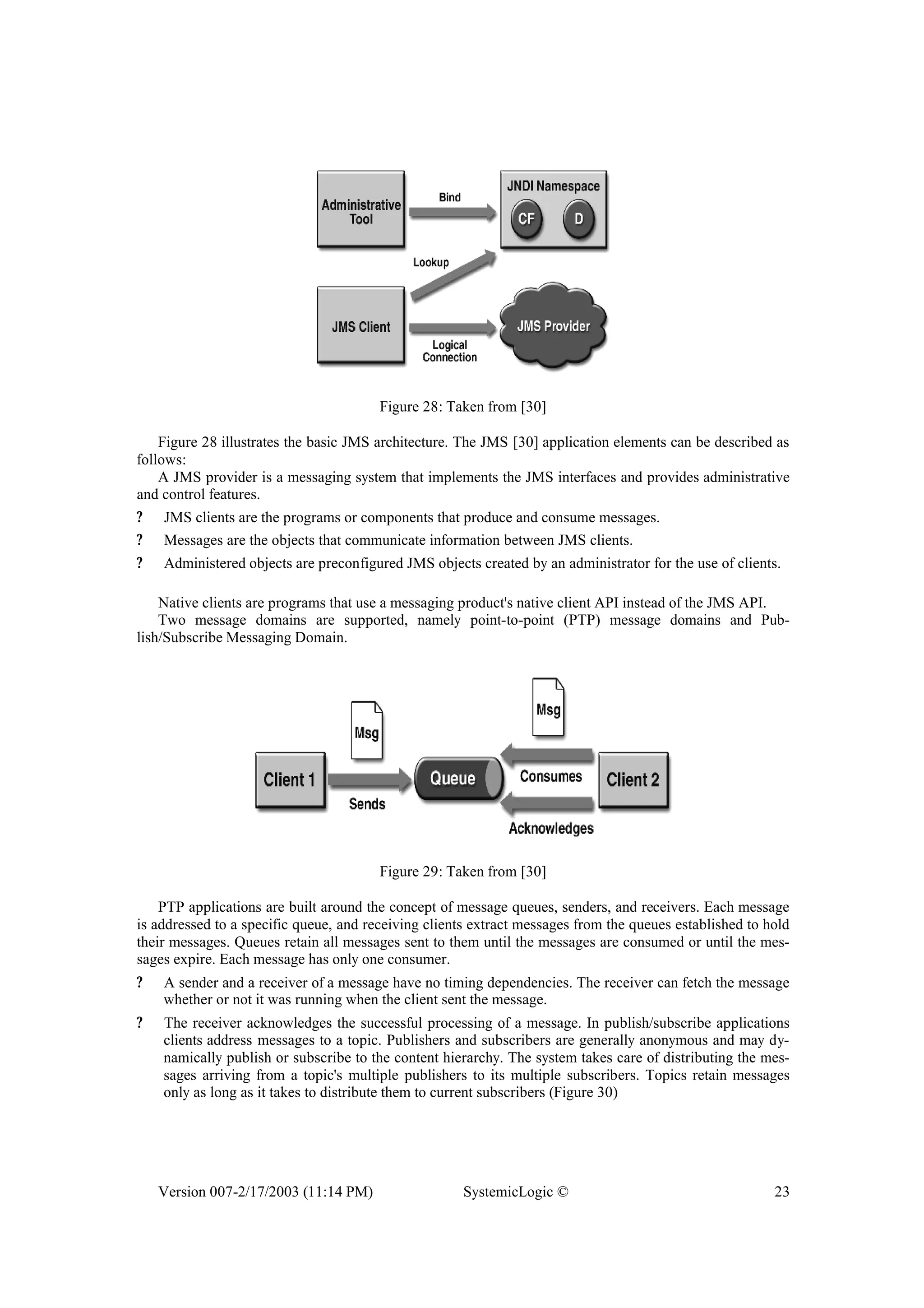 Version 007-2/17/2003 (11:14 PM) SystemicLogic © 23
Figure 28: Taken from [30]
Figure 28 illustrates the basic JMS architecture. The JMS [30] application elements can be described as
follows:
A JMS provider is a messaging system that implements the JMS interfaces and provides administrative
and control features.
? JMS clients are the programs or components that produce and consume messages.
? Messages are the objects that communicate information between JMS clients.
? Administered objects are preconfigured JMS objects created by an administrator for the use of clients.
Native clients are programs that use a messaging product's native client API instead of the JMS API.
Two message domains are supported, namely point-to-point (PTP) message domains and Pub-
lish/Subscribe Messaging Domain.
Figure 29: Taken from [30]
PTP applications are built around the concept of message queues, senders, and receivers. Each message
is addressed to a specific queue, and receiving clients extract messages from the queues established to hold
their messages. Queues retain all messages sent to them until the messages are consumed or until the mes-
sages expire. Each message has only one consumer.
? A sender and a receiver of a message have no timing dependencies. The receiver can fetch the message
whether or not it was running when the client sent the message.
? The receiver acknowledges the successful processing of a message. In publish/subscribe applications
clients address messages to a topic. Publishers and subscribers are generally anonymous and may dy-
namically publish or subscribe to the content hierarchy. The system takes care of distributing the mes-
sages arriving from a topic's multiple publishers to its multiple subscribers. Topics retain messages
only as long as it takes to distribute them to current subscribers (Figure 30)
 