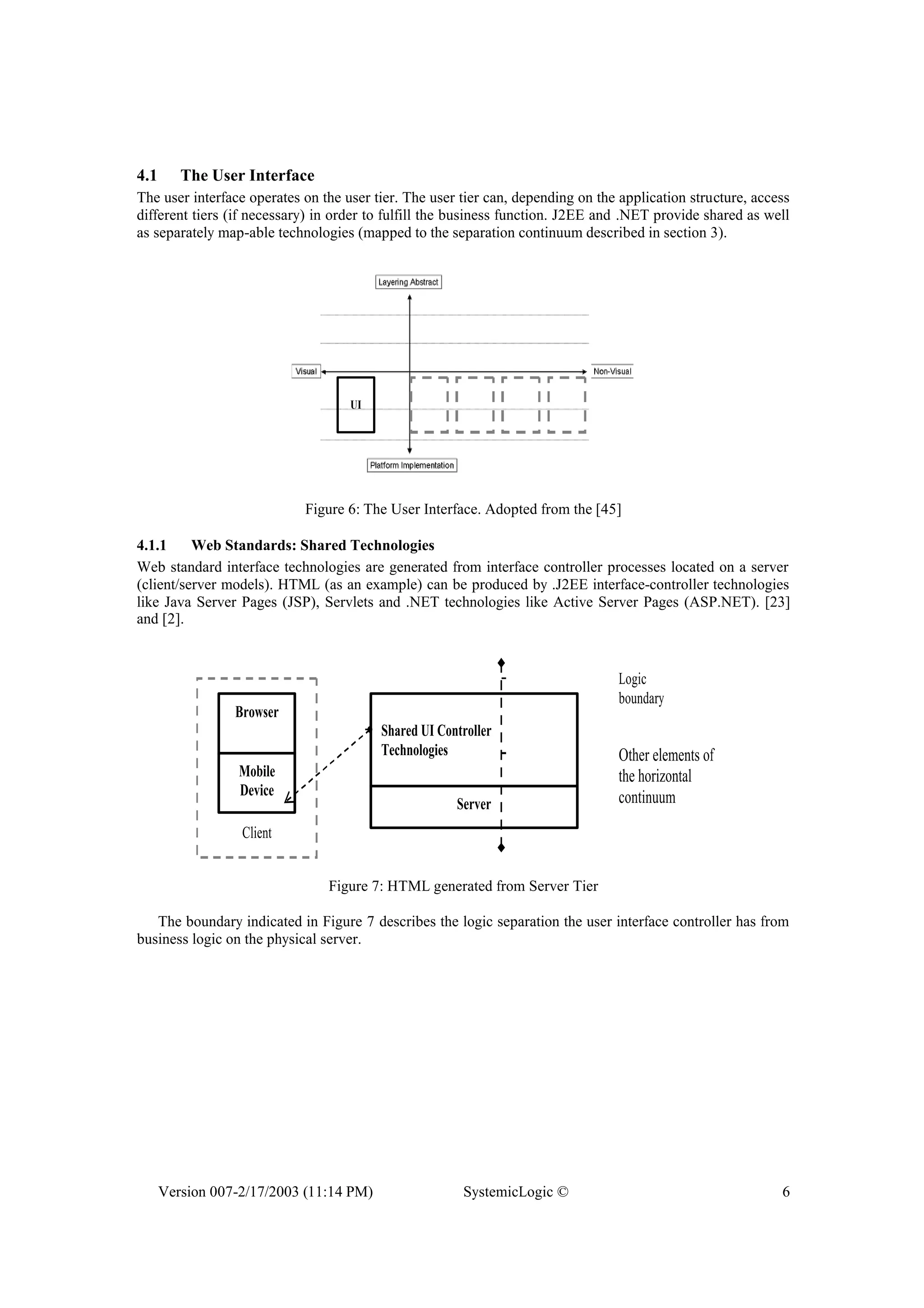 Version 007-2/17/2003 (11:14 PM) SystemicLogic © 6
4.1 The User Interface
The user interface operates on the user tier. The user tier can, depending on the application structure, access
different tiers (if necessary) in order to fulfill the business function. J2EE and .NET provide shared as well
as separately map-able technologies (mapped to the separation continuum described in section 3).
UI
Figure 6: The User Interface. Adopted from the [45]
4.1.1 Web Standards: Shared Technologies
Web standard interface technologies are generated from interface controller processes located on a server
(client/server models). HTML (as an example) can be produced by .J2EE interface-controller technologies
like Java Server Pages (JSP), Servlets and .NET technologies like Active Server Pages (ASP.NET). [23]
and [2].
Client
Server
Browser
Shared UI Controller
Technologies
Logic
boundary
Mobile
Device
Other elements of
the horizontal
continuum
Figure 7: HTML generated from Server Tier
The boundary indicated in Figure 7 describes the logic separation the user interface controller has from
business logic on the physical server.
 