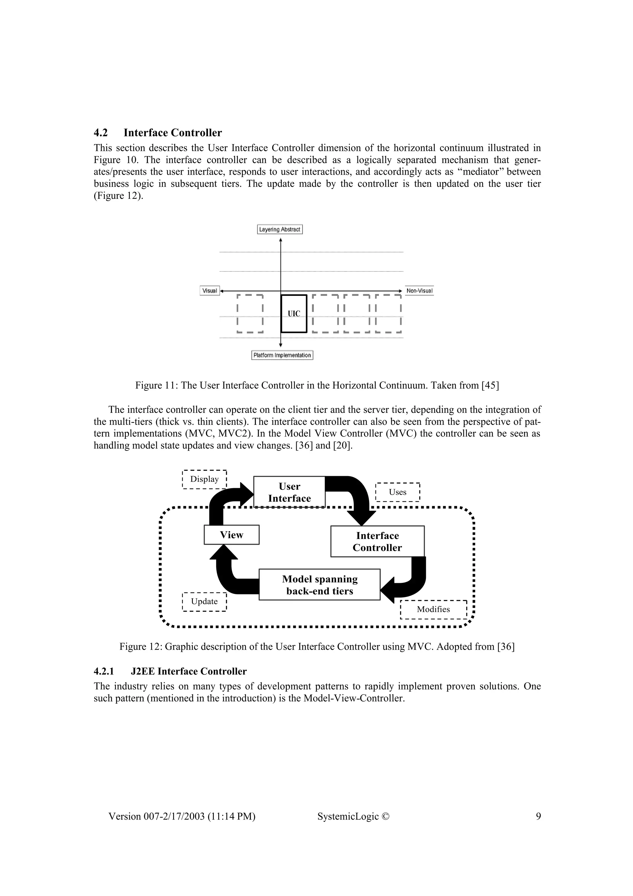 Version 007-2/17/2003 (11:14 PM) SystemicLogic © 9
4.2 Interface Controller
This section describes the User Interface Controller dimension of the horizontal continuum illustrated in
Figure 10. The interface controller can be described as a logically separated mechanism that gener-
ates/presents the user interface, responds to user interactions, and accordingly acts as “mediator” between
business logic in subsequent tiers. The update made by the controller is then updated on the user tier
(Figure 12).
UIC
Figure 11: The User Interface Controller in the Horizontal Continuum. Taken from [45]
The interface controller can operate on the client tier and the server tier, depending on the integration of
the multi-tiers (thick vs. thin clients). The interface controller can also be seen from the perspective of pat-
tern implementations (MVC, MVC2). In the Model View Controller (MVC) the controller can be seen as
handling model state updates and view changes. [36] and [20].
User
Interface
View Interface
Controller
Model spanning
back-end tiers
Uses
Modifies
Update
s
Display
s
Figure 12: Graphic description of the User Interface Controller using MVC. Adopted from [36]
4.2.1 J2EE Interface Controller
The industry relies on many types of development patterns to rapidly implement proven solutions. One
such pattern (mentioned in the introduction) is the Model-View-Controller.
 