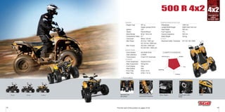 Transaxle
Rear
Suspension
13 14
COLORS: + FEATURES:
WhiteBlack Yellow
4x2
1290 mm
2080/1240/1320 mm
940 mm
15 L
305 mm
323 kg
DC 12V 10A 120W
461 cc,
Single cylinder,SOHC
CDI
Electric/Recoil
Ø 92 × 69.4 mm
9.7
Mikuni 36 mm
25.5 kw / 7000 rpm
EC:14.8 kw / 6000 rpm
39.2 Nm / 4000 rpm
EC:25.5 Nm / 4000 rpm
4x2 Shaft Drive
L/H/N/R
V-belt CVT Automatic
Double A-Arm
Swing Arm
Disc
Disc
AT25 × 8-12
AT25 × 10-12
Drivetrain
461cc. Engine Straight type muffler
design
COMPETITIVENESS:
Performance Budget
Fun
Comfort
Handling
Find the card of this product on pages 33-34
500 R 4x2
DecalAdjustable dual
rear shocks
Front suspension with
great ground clearance
DIMENSIONS/CAPACITIES
- Wheelbase
- Length/Width/Height
- Seat Height
- Fuel Capacity
- Ground Clearance
- Base Weight
OTHER
- Electrical Outlet Connector
ENGINE
- Engine Type
- Ignition
- Starter
- Bore×Stroke
- Compression Ratio
- Carburetor
- Max Power
- Max Torque
DRIVETRAIN
- Drive System
- Gear Selection
- Transmission
CHASSIS
- Front Suspension
- Rear Suspension
- Front Brakes
- Rear Brakes
- Front Tires
- Rear Tires
 