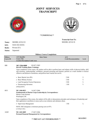 Page of1
04/14/2013
** PRIVACY ACT INFORMATION **
6
MOORE, KYLE D
XXX-XX-XXXX
Private (E1)
MOORE, KYLE D
Transcript Sent To:
Name:
SSN:
Rank:
JOINT SERVICES
TRANSCRIPT
**UNOFFICIAL**
Military Course Completions
SeparatedStatus:
Military
Course ID
ACE Identifier
Course Title
Location-Description-Credit Areas
Dates Taken ACE
Credit Recommendation Level
Recruit Training (Basic Training):
Upon completion of the course, the student will be able to perform basic and infantry skills of physical ability, drill
and ceremony, marksmanship, confidence, personal grooming and hygiene; perform as a team member in tactical
offensive and defensive formations, and perform basic martial arts moves.
MC-2204-0088808 09-OCT-2005
Basic Martial Arts (PE)
Basic Military Science
Land Navigation/Tactical Operations
Orienteering/Adventure
L
L
L
L
2 SH
2 SH
3 SH
1 SH
Fundamentals of Marine Corps Leadership by Correspondence:
Personal Financial Management by Correspondence:
MC-1406-0023
MC-1401-0009
Upon completion of the course, the student will be able to demonstrate principles and techniques of leadership and
their application to problems in areas such as race relations and substance abuse.
0033
3420F
Marine Corps Institute
Washington, DC
Supervisory Management 1 SH L
16-OCT-2006
17-OCT-2006
(9/03)(10/07)
(11/01)(11/01)
NOTE: MCI designates a minimum passing score at 65%.
 