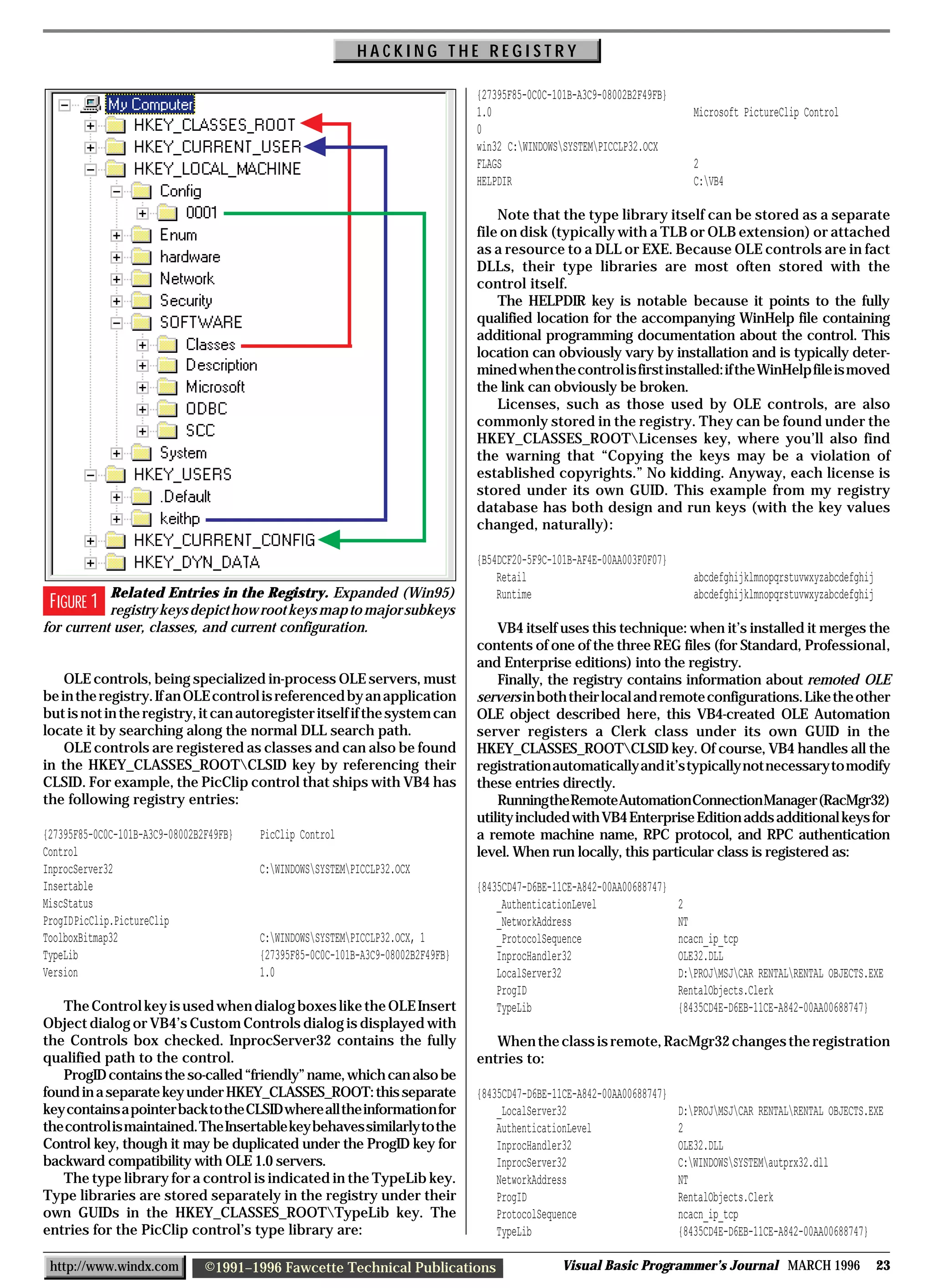 HACKING THE REGISTRY

                                                                                  {27395F85-0C0C-101B-A3C9-08002B2F49FB}
                                                                                  1.0                                         Microsoft PictureClip Control
                                                                                  0
                                                                                  win32 C:WINDOWSSYSTEMPICCLP32.OCX
                                                                                  FLAGS                                       2
                                                                                  HELPDIR                                     C:VB4

                                                                                      Note that the type library itself can be stored as a separate
                                                                                  file on disk (typically with a TLB or OLB extension) or attached
                                                                                  as a resource to a DLL or EXE. Because OLE controls are in fact
                                                                                  DLLs, their type libraries are most often stored with the
                                                                                  control itself.
                                                                                      The HELPDIR key is notable because it points to the fully
                                                                                  qualified location for the accompanying WinHelp file containing
                                                                                  additional programming documentation about the control. This
                                                                                  location can obviously vary by installation and is typically deter-
                                                                                  mined when the control is first installed: if the WinHelp file is moved
                                                                                  the link can obviously be broken.
                                                                                      Licenses, such as those used by OLE controls, are also
                                                                                  commonly stored in the registry. They can be found under the
                                                                                  HKEY_CLASSES_ROOTLicenses key, where you’ll also find
                                                                                  the warning that “Copying the keys may be a violation of
                                                                                  established copyrights.” No kidding. Anyway, each license is
                                                                                  stored under its own GUID. This example from my registry
                                                                                  database has both design and run keys (with the key values
                                                                                  changed, naturally):

                                                                                  {B54DCF20-5F9C-101B-AF4E-00AA003F0F07}
                                                                                      Retail                                  abcdefghijklmnopqrstuvwxyzabcdefghij
 FIGURE 1 Related Entries in theroot keys map to major(Win95)
                                     Registry. Expanded                               Runtime                                 abcdefghijklmnopqrstuvwxyzabcdefghij
           registry keys depict how                     subkeys
for current user, classes, and current configuration.                                 VB4 itself uses this technique: when it’s installed it merges the
                                                                                  contents of one of the three REG files (for Standard, Professional,
                                                                                  and Enterprise editions) into the registry.
    OLE controls, being specialized in-process OLE servers, must                      Finally, the registry contains information about remoted OLE
be in the registry. If an OLE control is referenced by an application             servers in both their local and remote configurations. Like the other
but is not in the registry, it can autoregister itself if the system can          OLE object described here, this VB4-created OLE Automation
locate it by searching along the normal DLL search path.                          server registers a Clerk class under its own GUID in the
    OLE controls are registered as classes and can also be found                  HKEY_CLASSES_ROOTCLSID key. Of course, VB4 handles all the
in the HKEY_CLASSES_ROOTCLSID key by referencing their                           registration automatically and it’s typically not necessary to modify
CLSID. For example, the PicClip control that ships with VB4 has                   these entries directly.
the following registry entries:                                                       Running the Remote Automation Connection Manager (RacMgr32)
                                                                                  utility included with VB4 Enterprise Edition adds additional keys for
{27395F85-0C0C-101B-A3C9-08002B2F49FB}   PicClip Control                          a remote machine name, RPC protocol, and RPC authentication
Control                                                                           level. When run locally, this particular class is registered as:
InprocServer32                           C:WINDOWSSYSTEMPICCLP32.OCX
Insertable                                                                        {8435CD47-D6BE-11CE-A842-00AA00688747}
MiscStatus                                                                            _AuthenticationLevel                 2
ProgIDPicClip.PictureClip                                                             _NetworkAddress                      NT
ToolboxBitmap32                          C:WINDOWSSYSTEMPICCLP32.OCX, 1            _ProtocolSequence                    ncacn_ip_tcp
TypeLib                                  {27395F85-0C0C-101B-A3C9-08002B2F49FB}       InprocHandler32                      OLE32.DLL
Version                                  1.0                                          LocalServer32                        D:PROJMSJCAR RENTALRENTAL OBJECTS.EXE
                                                                                      ProgID                               RentalObjects.Clerk
   The Control key is used when dialog boxes like the OLE Insert                      TypeLib                              {8435CD4E-D6EB-11CE-A842-00AA00688747}
Object dialog or VB4’s Custom Controls dialog is displayed with
the Controls box checked. InprocServer32 contains the fully                          When the class is remote, RacMgr32 changes the registration
qualified path to the control.                                                    entries to:
   ProgID contains the so-called “friendly” name, which can also be
found in a separate key under HKEY_CLASSES_ROOT: this separate                    {8435CD47-D6BE-11CE-A842-00AA00688747}
key contains a pointer back to the CLSID where all the information for                _LocalServer32                       D:PROJMSJCAR RENTALRENTAL OBJECTS.EXE
the control is maintained. The Insertable key behaves similarly to the                AuthenticationLevel                  2
Control key, though it may be duplicated under the ProgID key for                     InprocHandler32                      OLE32.DLL
backward compatibility with OLE 1.0 servers.                                          InprocServer32                       C:WINDOWSSYSTEMautprx32.dll
   The type library for a control is indicated in the TypeLib key.                    NetworkAddress                       NT
Type libraries are stored separately in the registry under their                      ProgID                               RentalObjects.Clerk
own GUIDs in the HKEY_CLASSES_ROOTTypeLib key. The                                   ProtocolSequence                     ncacn_ip_tcp
entries for the PicClip control’s type library are:                                   TypeLib                              {8435CD4E-D6EB-11CE-A842-00AA00688747}

 http://www.windx.com           ©1991–1996 Fawcette Technical Publications                         Visual Basic Programmer’s Journal MARCH 1996                      23
 