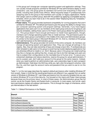in this group can't change per−computer operating system and application settings. They
       can usually include programs certified for Windows XP that administrators deploy to their
       computers. Last, this group gives its members full control over everything in their user
       profile, including their profile hives (HKCU). What frequently keeps IT professionals from
       assigning users to this group is that members can't usually run legacy applications. Rather
       than assign users to another group, deal with this problem by applying a compatible security
       template, which you learn how to do in the section titled "Deploying Security Templates,"
       later in this chapter.
     • Power Users. This group provides backward compatibility for running programs that aren't
       certified for Windows XP. The default permissions give this group the ability to change many
       per−computer operating system and program settings. Generally, if you have legacy
       applications that users can't run as members of the Users group and you're not going to use
       security templates, adding those users to the Power Users group allows the applications to
       run. This group doesn't have enough permission to install most applications, though;
       members can't change operating system files or install services. The permissions given to
       the Power Users group is somewhere in the middle of the Users and Administrators groups.
       It's similar to the Users group in Microsoft Windows NT 4.0. And no, members of this group
       can't add themselves to the Administrators group.
     • Administrators. This group provides full control of the entire computer. Its members can
       change all operating system and application files. They can change all settings in the
       registry. Also, they can take ownership of keys and change a key's ACL. IT professionals are
       often tempted to add users to this group to avoid having trouble deploying applications that
       are otherwise difficult to install or run. Don't. Because users in this group can install anything
       they like or change any setting they like, viruses are free to do their damage and users are
       free to subject their configurations to the inevitable bout of human error. To secure your
       enterprise's desktops and reduce downtime, reserve this group for actual administrators. If
       you're a power user, don't add your account to this group for the same reasons. Instead,
       when you need to perform an administrative task, use a secondary logon to start a program
       as Administrator: Hold down the Shift key while you right−click the program's shortcut, click
       Run As, and then type the account name and password that you want to use to run the
       program.

Table 7−1 on the next page describes the registry's default permissions after installing Windows XP
from scratch. Keep in mind that the resulting permissions are different if you upgrade from an earlier
version of Windows to Windows XP. I got these permissions from the security template that you use
to restore Windows XP to out of box security. I've focused on the Users and Power Users groups
because these are the primary issue. In most of these cases, the Administrators group has full
control, as do the Creator Owner and System built−in accounts. In most cases—but not all—each
key's permissions replace all subkeys' permissions. This is through the magic of inheritance, which
you learned about in the last section.

Table 7−1: Default Permissions in the Registry

                                                                                               Power
Branch                                                                                 Users
                                                                                               users
hklmsoftware                                                                          Read    Special
hklmsoftwareclasses                                                                  Read    Special
hklmsoftwareclasseshlp                                                              Read    Read
hklmsoftwareclasseshelpfile                                                         Read    Read
hklmsoftwaremicrosoftadsprovidersldapextensions                                  Read    Read
hklmsoftwaremicrosoftadsprovidersnds                                              Read    Read

                                                 169
 
