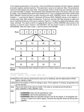In the following description of the syntax, notice the differences between the [bit−registry−section]
and [add−registry−section] sections. The parameter value is not optional. Also, the parameters
mask and byte replace the value data. The parameter mask is 8 bits long and indicates which bit
you want to enable or disable. The parameter byte indicates which byte in the binary value you want
to modify. This indicates bytes left to right starting from 0. This is straightforward when working with
REG_BINARY values but less so when working with REG_DWORD values. As discussed in
Chapter 1, "Learning the Basics," Windows XP stores REG_DWORD values in the registry in
reverse−byte order (little−endian architecture). To be sure, test your INF files carefully to make sure
you're masking the bits you think you're masking. Figure 9−1 shows the relationship between value,
mask, and byte. The value to which I'm applying the mask is a REG_DWORD value stored in the
registry in reverse−byte notation: 0x0180C000. Set the mask in byte 0, and the result is
0x0180C080. Clear the mask in byte 1, and the result is 0x0140C080.




Figure 9−1: The parameter byte indicates to which of a number's bytes you want to apply mask.
Syntax

[bit−registry−section]
rootkey, [subkey], value, [flags], mask, byte

rootkey This is the root key containing the value you're modifying. Use the abbreviations HKCR,
        HKCU, HKLM, or HKU.
subkey This is the subkey in which to change a value. This is optional. If missing, all operations are
        on the root key.
value This is the name of the value to modify. This value is not optional and should be a
        REG_DWORD or REG_BINARY value.
flags
              • 0x00000000. Clear the bits specified by mask.
              • 0x00000001. Set the bits specified by mask.
              • 0x00040000. Make the specified change in the 32−bit registry. If not specified, the
                change is made to the native registry. Combine this flag with others by ORing them
                together.
mask

                                                  201
 