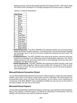background color, and the second digit specifies the foreground color. Valid values range
       from 0x00 to 0xFE; the default is 0.The digits correspond to the colors shown in Table B−2.

       Table B−2: Values for DefaultColor

       Value Color
       0       Black
       1       Blue
       2       Green
       3       Aqua
       4       Red
       5       Purple
       6       Yellow
       7       White
       8       Gray
       9       Light Blue
       A       Light Green
       B       Light Aqua
       C       Light Red
       D       Light Purple
       E       Light Yellow
       F       Bright White
     • DelayedExpansion. This REG_DWORD value specifies whether the command prompt
       delays environment variable expansion. If the value is 0x01, the command prompt interprets
       the exclamation point (!) as an environment variable that expands only when used. The
       default is 0x00.
     • EnableExtensions. This REG_DWORD value determines whether command−processor
       extensions are enabled or not. Setting this value to 0x00 disables extensions. You need to
       disable extensions only when they interfere with a script language with which they aren't
       compatible. The default value is 0x01.
     • PathCompletionChar. This REG_DWORD value specifies the ASCII character code of the
       key to use for path completion. Set this value to 0x00, 0x01 through 0x1F, 0x20, or 0x40.
       The Tab key is 0x09. You can use the same key that you use for file name completion,
       which expands both.

MicrosoftInternet Connection Wizard

The key HKCUSoftwareMicrosoftInternet Connection Wizard contains a single value that indicates
whether users have run the wizard. Unlike earlier versions of Windows, the wizard doesn't run
automatically when users first open Internet Explorer, so this value is only interesting for
inventorying. If the REG_BINARY value Completed is 0x0000, the user has not run the wizard. If
the value is 0x0001, the user has run the wizard.

MicrosoftInternet Explorer

The key HKCUSoftwareMicrosoftInternet Explorer contains per−user settings for Internet Explorer.
Many of the subkeys in Internet Explorer are difficult to understand or uninteresting. There are
settings in this key that are very useful to customize, however:


                                               339
 