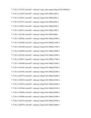 * 17:26:11.013622 cslwin95 > arkroyal: icmp: echo request (frag 6144:1480@0+)

* 17:26:11.015079 cslwin95 > arkroyal: (frag 6144:1480@1480+)

* 17:26:11.016637 cslwin95 > arkroyal: (frag 6144:1480@2960+)

* 17:26:11.017577 cslwin95 > arkroyal: (frag 6144:1480@4440+)

* 17:26:11.018833 cslwin95 > arkroyal: (frag 6144:1480@5920+)

* 17:26:11.020112 cslwin95 > arkroyal: (frag 6144:1480@7400+)

* 17:26:11.021346 cslwin95 > arkroyal: (frag 6144:1480@8880+

* 17:26:11.022641 cslwin95 > arkroyal: (frag 6144:1480@10360+)

* 17:26:11.023869 cslwin95 > arkroyal: (frag 6144:1480@11840+)

* 17:26:11.025140 cslwin95 > arkroyal: (frag 6144:1480@13320+)

* 17:26:11.026604 cslwin95 > arkroyal: (frag 6144:1480@14800+)

* 17:26:11.027628 cslwin95 > arkroyal: (frag 6144:1480@16280+)

* 17:26:11.028871 cslwin95 > arkroyal: (frag 6144:1480@17760+)

* 17:26:11.030100 cslwin95 > arkroyal: (frag 6144:1480@19240+)

* 17:26:11.031307 cslwin95 > arkroyal: (frag 6144:1480@20720+)

* 17:26:11.032542 cslwin95 > arkroyal: (frag 6144:1480@22200+)

* 17:26:11.033774 cslwin95 > arkroyal: (frag 6144:1480@23680+)

* 17:26:11.035018 cslwin95 > arkroyal: (frag 6144:1480@25160+)

* 17:26:11.036576 cslwin95 > arkroyal: (frag 6144:1480@26640+)

* 17:26:11.037464 cslwin95 > arkroyal: (frag 6144:1480@28120+)

* 17:26:11.038696 cslwin95 > arkroyal: (frag 6144:1480@29600+)

* 17:26:11.039966 cslwin95 > arkroyal: (frag 6144:1480@31080+)

* 17:26:11.041218 cslwin95 > arkroyal: (frag 6144:1480@32560+)

* 17:26:11.042579 cslwin95 > arkroyal: (frag 6144:1480@34040+)
 