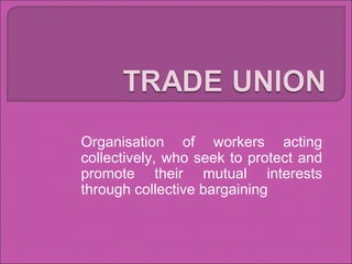 Organisation of workers acting collectively, who seek to protect and promote their mutual interests through collective bargaining 