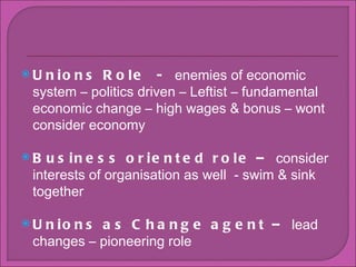 Unions Role  -  enemies of economic system C politics driven C Leftist C fundamental economic change C high wages & bonus C wont consider economy Business oriented role C  consider interests of organisation as well  - swim & sink together Unions as Change agent C  lead changes C pioneering role 