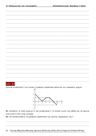 Ο Τσελεµεντές του υποψηφίου Επαναληπτικές Ασκήσεις Ι-Εγώ
Γιάννης Μήταλας-Θανάσης Δρούγας-Βαλάντης Χάδος-Ξένος Γερμανός-Σπύρος Πάτσης
24
……………………………………………………………………………………………………………………………………………….
……………………………………………………………………………………………………………………………………………….
……………………………………………………………………………………………………………………………………………….
……………………………………………………………………………………………………………………………………………….
……………………………………………………………………………………………………………………………………………….
……………………………………………………………………………………………………………………………………………….
……………………………………………………………………………………………………………………………………………….
……………………………………………………………………………………………………………………………………………….
……………………………………………………………………………………………………………………………………………….
……………………………………………………………………………………………………………………………………………….
……………………………………………………………………………………………………………………………………………….
……………………………………………………………………………………………………………………………………………….
……………………………………………………………………………………………………………………………………………….
……………………………………………………………………………………………………………………………………………….
……………………………………………………………………………………………………………………………………………….
……………………………………………………………………………………………………………………………………………….
……………………………………………………………………………………………………………………………………………….
……………………………………………………………………………………………………………………………………………….
151-35
∆ίνεται συνάρτηση f της οποίας η γραφική παράσταση φαίνεται στο παρακάτω σχήµα.
Β1. Να βρείτε το πεδίο ορισµού Α της συνάρτησης f, το σύνολο τιµών της καθώς και τα σηµεία
στα οποία η f δεν είναι συνεχής.
Β2. Να κατασκευάσετε τη γραφική παράσταση της πρώτης παραγώγου της f.
……………………………………………………………………………………………………………………………………………….
……………………………………………………………………………………………………………………………………………….
 