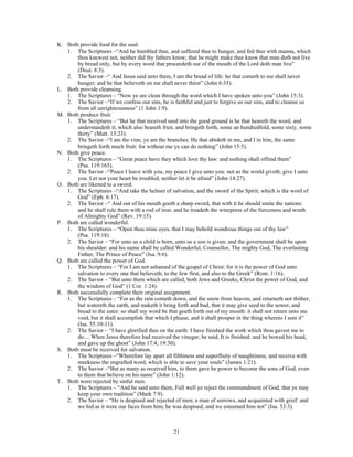 K. Both provide food for the soul.
   1. The Scriptures –“And he humbled thee, and suffered thee to hunger, and fed thee with manna, which
       thou knewest not, neither did thy fathers know; that he might make thee know that man doth not live
       by bread only, but by every word that proceedeth out of the mouth of the Lord doth man live”
       (Deut. 8:3).
   2. The Savior –“ And Jesus said unto them, I am the bread of life: he that cometh to me shall never
       hunger; and he that believeth on me shall never thirst” (John 6:35).
L. Both provide cleansing.
   1. The Scriptures – “Now ye are clean through the word which I have spoken unto you” (John 15:3).
   2. The Savior –“If we confess our sins, he is faithful and just to forgive us our sins, and to cleanse us
       from all unrighteousness” (1 John 1:9).
M. Both produce fruit.
   1. The Scriptures – “But he that received seed into the good ground is he that heareth the word, and
       understandeth it; which also beareth fruit, and bringeth forth, some an hundredfold, some sixty, some
       thirty” (Matt. 13:23).
   2. The Savior –“I am the vine, ye are the branches: He that abideth in me, and I in him, the same
       bringeth forth much fruit: for without me ye can do nothing” (John 15:5).
N. Both give peace.
   1. The Scriptures – “Great peace have they which love thy law: and nothing shall offend them”
       (Psa. 119:165).
   2. The Savior –“Peace I leave with you, my peace I give unto you: not as the world giveth, give I unto
       you. Let not your heart be troubled, neither let it be afraid” (John 14:27).
O. Both are likened to a sword.
   1. The Scriptures –“And take the helmet of salvation, and the sword of the Spirit, which is the word of
       God” (Eph. 6:17).
   2. The Savior –“ And out of his mouth goeth a sharp sword, that with it he should smite the nations:
       and he shall rule them with a rod of iron: and he treadeth the winepress of the fierceness and wrath
       of Almighty God” (Rev. 19:15).
P. Both are called wonderful.
   1. The Scriptures – “Open thou mine eyes, that I may behold wondrous things out of thy law”
       (Psa. 119:18).
   2. The Savior – “For unto us a child is born, unto us a son is given: and the government shall be upon
       his shoulder: and his name shall be called Wonderful, Counsellor, The mighty God, The everlasting
       Father, The Prince of Peace” (Isa. 9:6).
Q. Both are called the power of God.
   1. The Scriptures – “For I am not ashamed of the gospel of Christ: for it is the power of God unto
       salvation to every one that believeth; to the Jew first, and also to the Greek” (Rom. 1:16).
   2. The Savior – “But unto them which are called, both Jews and Greeks, Christ the power of God, and
       the wisdom of God” (1 Cor. 1:24).
R. Both successfully complete their original assignment.
   1. The Scriptures – “For as the rain cometh down, and the snow from heaven, and returneth not thither,
       but watereth the earth, and maketh it bring forth and bud, that it may give seed to the sower, and
       bread to the eater: so shall my word be that goeth forth out of my mouth: it shall not return unto me
       void, but it shall accomplish that which I please, and it shall prosper in the thing whereto I sent it”
       (Isa. 55:10-11).
   2. The Savior – “I have glorified thee on the earth: I have finished the work which thou gavest me to
       do.... When Jesus therefore had received the vinegar, he said, It is finished: and he bowed his head,
       and gave up the ghost” (John 17:4; 19:30).
S. Both must be received for salvation.
   1. The Scriptures –“Wherefore lay apart all filthiness and superfluity of naughtiness, and receive with
       meekness the engrafted word, which is able to save your souls” (James 1:21).
   2. The Savior –“But as many as received him, to them gave he power to become the sons of God, even
       to them that believe on his name” (John 1:12).
T. Both were rejected by sinful men.
   1. The Scriptures – “And he said unto them, Full well ye reject the commandment of God, that ye may
       keep your own tradition” (Mark 7:9).
   2. The Savior – “He is despised and rejected of men; a man of sorrows, and acquainted with grief: and
       we hid as it were our faces from him; he was despised, and we esteemed him not” (Isa. 53:3).



                                                  21
 