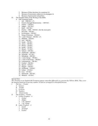 2. Because of false doctrines (to counteract it)
            3. Because of missionary endeavors (to propagate it)
            4. Because of persecution and politics
IV. The Possible Order of the Writing of the Bible
       A. Old Testament books
            1. Job – 2000 B.C. (?)
            2. Genesis through Deuteronomy – 1405 B.C.
            3. Joshua – 1390 B.C.
            4. Judges – 1025 B.C.
            5. Ruth – 1025 B.C.
            6. Psalms – 1000 – 930 B.C. (for the most part)
            7. Proverbs – 930 B.C.
            8. Ecclesiastes – 930 B.C.
            9. Song of Solomon – 930 B.C.
            10. 1 and 2 Samuel – 920 B.C. (?)
            11. Obadiah – 850 B.C.
            12. Joel – 848 B.C.
            13. Jonah – 785 B.C.
            14. Amos – 760 B.C.
            15. Hosea – 758 B.C.
            16. Isaiah – 739 B.C.
            17. Micah – 735 B.C.
            18. Nahum – 650 B.C.
            19. Zephaniah – 640 B.C.
            20. Jeremiah – 627 B.C.
            21. Habakkuk – 608 B.C.
            22. 1 and 2 Kings – 590 B.C.
            23. 1 and 2 Chronicles – 590 B.C.
            24. Lamentations – 586 B.C.
            25. Ezekiel – 560 B.C.
            26. Daniel – 538 B.C.
            27. Haggai – 520 B.C.
            28. Zechariah – 520 B.C.
            29. Esther – 470 B.C.
            30. Ezra – 455 B.C.
            31. Nehemiah – 445 B.C.
            32. Malachi – 435 B.C.
   ________________________________________________________________________________________
Special Note:
The 39 books in our English Old Testament appear somewhat differently in a present-day Hebrew Bible, They cover
the identical material except they number 24 and are arranged in a threefold division.
I.     The Law – 5 books
       A. Genesis
       B Exodus
       C. Leviticus
       D. Numbers
       E Deuteronomy
II.    The Prophets – 8 books
       A Former Prophets – 4
            1. Joshua
            2 Judges
            3. 1 & 2 Samuel
            4. 1 & 2 Kings
       B. Latter Prophets – 4
            1. Isaiah
            2. Jeremiah
            3. Ezekiel




                                                      32
 