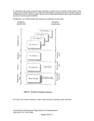 Un instrumento solo puede no requerir mayor subdivisión, mientras que un compresor puede requerir varios
niveles. Para los datos utilizados en los análisis de disponibilidad, es posible que sólo se necesiten datos de
confiabilidad a nivel de unidad de equipo, mientras que el análisis RCM requerirá datos sobre el mecanismo
de avería a nivel de la parte mantenible.
Normalmente, una unidad de equipo sólo requerirá una subdivisión en tres niveles.
En la figura 2 se muestra un ejemplo, a saber: unidad de equipo, subunidad y parte mantenible.
Copyright por International Organization For Standarization
Wed Jun 07 07:19:30 2000
Página 10 de 71
 