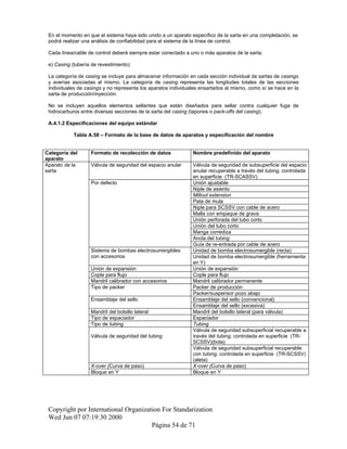 En el momento en que el sistema haya sido unido a un aparato específico de la sarta en una completación, se
podrá realizar una análisis de confiabilidad para el sistema de la línea de control.
Cada línea/cable de control deberá siempre estar conectado a uno o más aparatos de la sarta.
e) Casing (tubería de revestimiento)
La categoría de casing se incluye para almacenar información en cada sección individual de sartas de casings
y averías asociadas al mismo. La categoría de casing representa las longitudes totales de las secciones
individuales de casings y no representa los aparatos individuales ensartados al mismo, como sí se hace en la
sarta de producción/inyección.
No se incluyen aquellos elementos sellantes que están diseñados para sellar contra cualquier fuga de
hidrocarburos entre diversas secciones de la sarta del casing (tapones o pack-offs del casing).
A.4.1.2 Especificaciones del equipo estándar
Tabla A.58 – Formato de la base de datos de aparatos y especificación del nombre
Categoría del
aparato
Formato de recolección de datos Nombre predefinido del aparato
Aparato de la
sarta
Válvula de seguridad del espacio anular Válvula de seguridad de subsuperficie del espacio
anular recuperable a través del tubing, controlada
en superficie (TR-SCASSV)
Por defecto Unión ajustable
Niple de asiento
Millout extension
Pata de mula
Niple para SCSSV con cable de acero
Malla con empaque de grava
Unión perforada del tubo corto
Unión del tubo corto
Manga corrediza
Ancla del tubing
Guía de re-entrada por cable de acero
Sistema de bombas electrosumergibles
con accesorios
Unidad de bomba electrosumergible (recta)
Unidad de bomba electrosumergible (herramienta
en Y)
Unión de expansión Unión de expansión
Cople para flujo Cople para flujo
Mandril calibrador con accesorios Mandril calibrador permanente
Tipo de packer Packer de producción
Packer/suspensor pozo abajo
Ensamblaje del sello Ensamblaje del sello (convencional)
Ensamblaje del sello (excesiva)
Mandril del bolsillo lateral Mandril del bolsillo lateral (para válvula)
Tipo de espaciador Espaciador
Tipo de tubing Tubing
Válvula de seguridad del tubing
Válvula de seguridad subsuperficial recuperable a
través del tubing, controlada en superficie (TR-
SCSSV)(bola)
Válvula de seguridad subsuperficial recuperable
con tubing, controlada en superficie (TR-SCSSV)
(aleta)
X-over (Curva de paso) X-over (Curva de paso)
Bloque en Y Bloque en Y
Copyright por International Organization For Standarization
Wed Jun 07 07:19:30 2000
Página 54 de 71
 