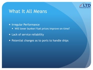 What It All Means
 Irregular Performance
 Will lower bunker/fuel prices improve on-time?
 Lack of service reliability
 Potential changes as to ports to handle ships
 