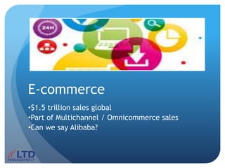 E-commerce
•$1.5 trillion sales global
•Part of Multichannel / Omnicommerce sales
•Can we say Alibaba?
 