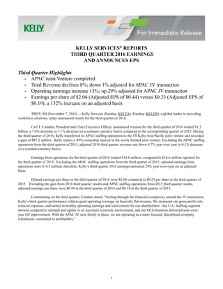 1
KELLY SERVICES®
REPORTS
THIRD QUARTER 2016 EARNINGS
AND ANNOUNCES EPS
Third Quarter Highlights
• APAC Joint Venture completed
• Total Revenue declines 8%; down 1% adjusted for APAC JV transaction
• Operating earnings increase 13%; up 29% adjusted for APAC JV transaction
• Earnings per share of $2.06 (Adjusted EPS of $0.44) versus $0.23 (Adjusted EPS of
$0.19), a 132% increase on an adjusted basis
TROY, MI (November 7, 2016) -- Kelly Services (Nasdaq: KELYA) (Nasdaq: KELYB), a global leader in providing
workforce solutions, today announced results for the third quarter of 2016.
Carl T. Camden, President and Chief Executive Officer, announced revenue for the third quarter of 2016 totaled $1.2
billion, a 7.6% decrease (a 7.1% decrease on a constant currency basis) compared to the corresponding quarter of 2015. During
the third quarter of 2016, Kelly transferred its APAC staffing operations to the TS Kelly Asia Pacific joint venture and recorded
a gain of $87.2 million. Kelly retains a 49% ownership interest in the newly formed joint venture. Excluding the APAC staffing
operations from the third quarter of 2015, adjusted 2016 third quarter revenue was down 0.7% year over year (a 0.1% decrease
on a constant currency basis).
Earnings from operations for the third quarter of 2016 totaled $18.8 million, compared to $16.6 million reported for
the third quarter of 2015. Excluding the APAC staffing operations from the third quarter of 2015, adjusted earnings from
operations were $14.5 million; therefore, Kelly’s third quarter 2016 earnings increased 29% year-over-year on an adjusted
basis.
Diluted earnings per share in the third quarter of 2016 were $2.06 compared to $0.23 per share in the third quarter of
2015. Excluding the gain from 2016 third quarter results and APAC staffing operations from 2015 third quarter results,
adjusted earnings per share were $0.44 in the third quarter of 2016 and $0.19 in the third quarter of 2015.
Commenting on the third quarter, Camden stated, “Sorting through the financial complexity around the JV transaction,
Kelly’s third quarter performance reflects good operating leverage on basically flat revenue. We increased our gross profit rate,
reduced expenses, and turned in healthy operating earnings and solid returns for our shareholders. Our U.S. Staffing segment
showed competitive strength and agility in an uncertain economic environment, and our OCG business delivered year-over-
year GP improvement. With the APAC JV now firmly in place, we are operating as a more focused, disciplined company
relentlessly committed to profitability.”
 