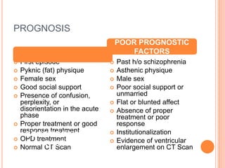 PROGNOSIS
 First episode
 Pyknic (fat) physique
 Female sex
 Good social support
 Presence of confusion,
perplexity, or
disorientation in the acute
phase
 Proper treatment or good
response treatment
 OPD treatment
 Normal CT Scan
 Past h/o schizophrenia
 Asthenic physique
 Male sex
 Poor social support or
unmarried
 Flat or blunted affect
 Absence of proper
treatment or poor
response
 Institutionalization
 Evidence of ventricular
enlargement on CT Scan
GOOD PROGNOSTIC
FACTORS
POOR PROGNOSTIC
FACTORS
 