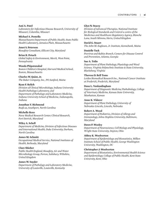 CONTRIBUTORS  
|  xi
Ami A. Patel
Laboratory for Infectious Disease Research, University of
Missouri, Columbia, Missouri
Michael A. Pentella
Massachusetts Department of Public Health, State Public
Health Laboratory, Jamaica Plain, Massachusetts
Janet S. Peterson
Biosafety Consultant, Ellicott City, Maryland
Brian R. Petuch
Global Safety & Environment, Merck, West Point,
Pennsylvania
Wanda Phipatanakul
Boston Children’s Hospital, Harvard Medical School,
Boston, Massachusetts
Charles W. Quint, Jr.
The Baker Company, Inc., PO Sanford, Maine
Ryan F. Relich
Division of Clinical Microbiology, Indiana University
Health Pathology Laboratory, and
Department of Pathology and Laboratory Medicine,
Indiana University School of Medicine, Indianapolis,
Indiana
Jonathan Y. Richmond
Bsafe.us, Southport, North Carolina
Michelle Rozo
Navy Medical Research Center, Clinical Research,
Fort Detrick, Maryland
Wiley A. Schell
Department of Medicine, Division of Infectious Diseases
and International Health, Duke University, Durham,
North Carolina
James M. Schmitt
Occupational Medical Service, National Institutes of
Health, Bethesda, Maryland
Clare Shieber
Public Health England, Biosafety, Air and Water
Microbiology Group, Porton, Salisbury, Wiltshire,
United Kingdom
James W. Snyder
Department of Pathology and Laboratory Medicine,
University of Louisville, Louisville, Kentucky
Glyn N. Stacey
Division of Advanced Therapies, National Institute
for Biological Standards and Control a centre of the
Medicines and Healthcare Regulatory Agency, Blanche
Lane, South Mimms, Herts, United Kingdom
David G. Stuart
The John M. Eagleson, Jr. Institute, Kennebunk, Maine
Danielle Tack
Poxvirus and Rabies Branch, Centers for Disease Control
and Prevention, Atlanta, Georgia
Sue A. Tolin
Department of Plant Pathology, Physiology and Weed
Science, Virginia Polytechnic Institute & State University,
Blacksburg, Virginia
Theresa D. Bell Toms
Leidos Biomedical Research Inc., National Cancer Institute
at Frederick, Frederick, Maryland
Dana L. Vanlandingham
Department of Diagnostic Medicine/Pathobiology, College
of Veterinary Medicine, Kansas State University,
Manhattan, Kansas
Anne K. Vidaver
Department of Plant Pathology, University of
Nebraska-Lincoln, Lincoln, Nebraska
Robert A. Wood
Department of Pediatrics, Division of Allergy and
Immunology, Johns Hopkins University, Baltimore,
Maryland
Dawn P. Wooley
Department of Neuroscience, Cell Biology and Physiology,
Wright State University, Dayton, Ohio
Abbey K. Woolverton
Department of Epidemiology and Biostatistics, Milken
Institute School of Public Health, George Washington
University, Washington, DC
Christopher J. Woolverton
Department of Biostatistics, Environmental Health Science
and Epidemiology, College of Public Health, Kent State
University, Kent, Ohio
 