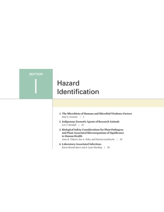Hazard
Identification
1. The Microbiota of Humans and Microbial Virulence Factors
		
Paul A. Granato | 3
2. Indigenous Zoonotic Agents of Research Animals
Lon V. Kendall | 19
3. Biological Safety Considerations for Plant Pathogens
and Plant-Associated Microorganisms of Significance
to Human Health
Anne K. Vidaver, Sue A. Tolin, and Patricia Lambrecht | 39
4. Laboratory-Associated Infections
Karen Brandt Byers and A. Lynn Harding | 59
SECTION
I
560-65980_sec I_7P.indd 1 2/8/17 9:51 AM
 