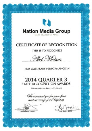 CERTIFICATE OF RECOGNITION NMG